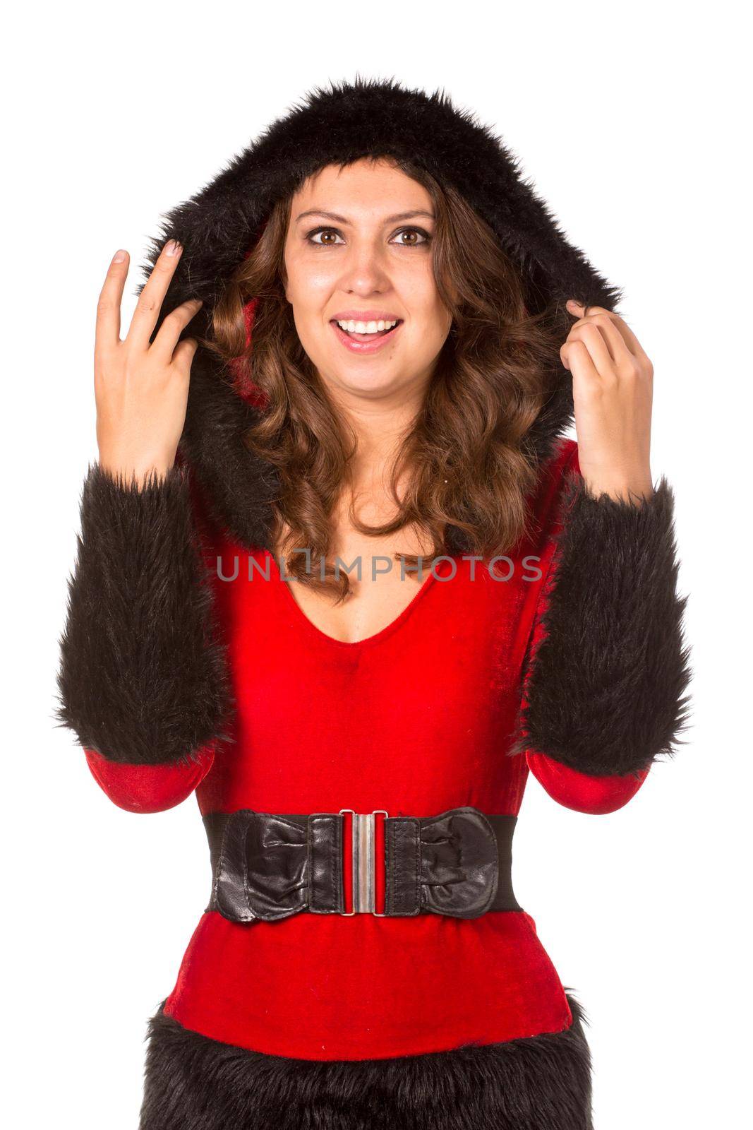 Emotional surprised young woman dressed with Christmas costume, isolated over white