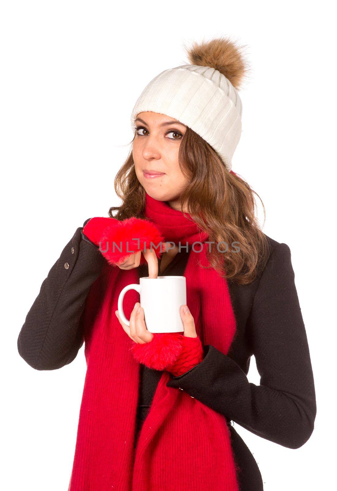 Beautiful woman holding white cup. Isolated over white.