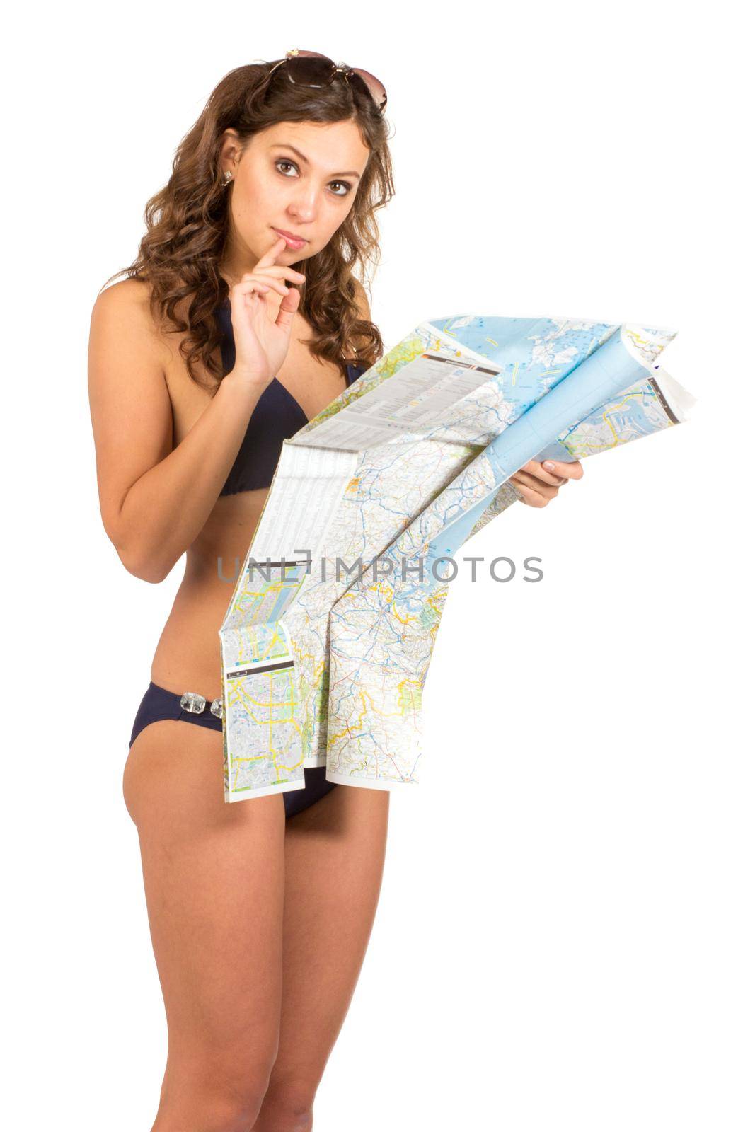 Vacation, people, tourist. Happy woman holding a map - isolated over a white background