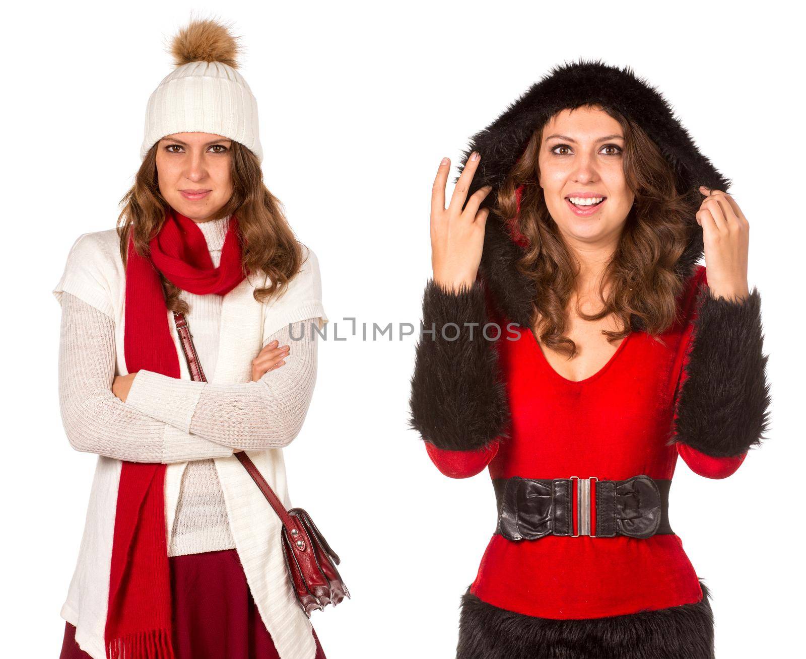 Winter Portrait of beautiful sad Woman, isolated on white