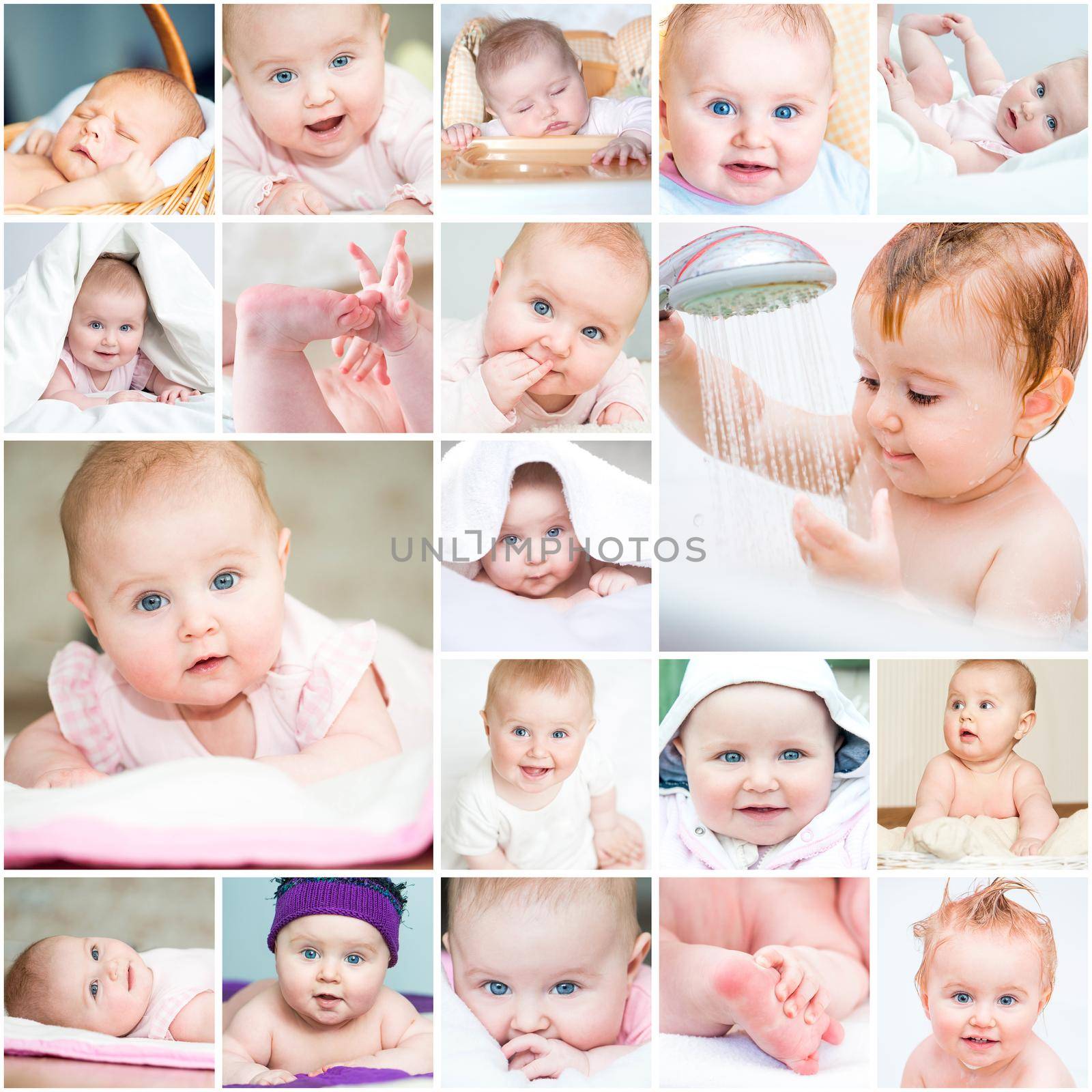 collage of a beautiful baby in a towel in bed and in the bathroom