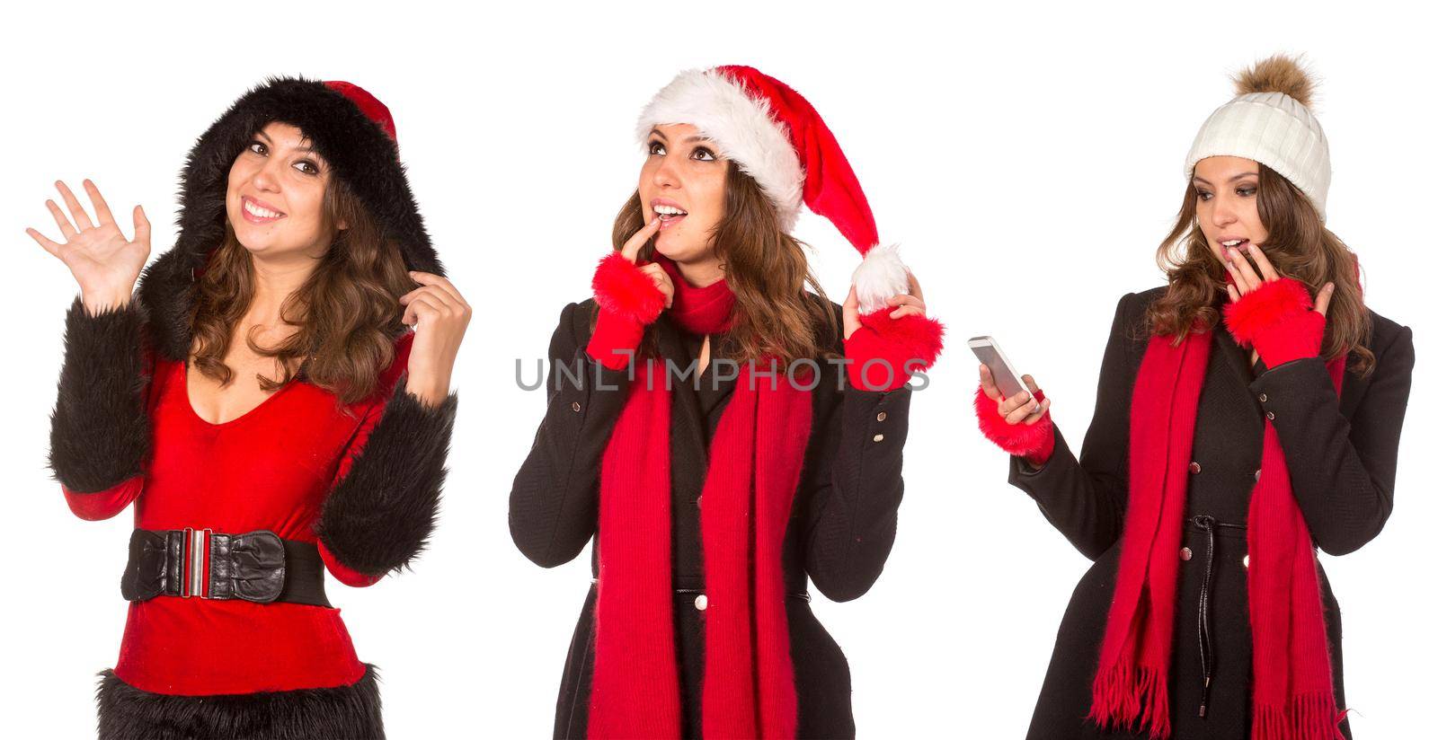 Set of Portrait of the beautiful sexual girl in warm hat and coat on white background