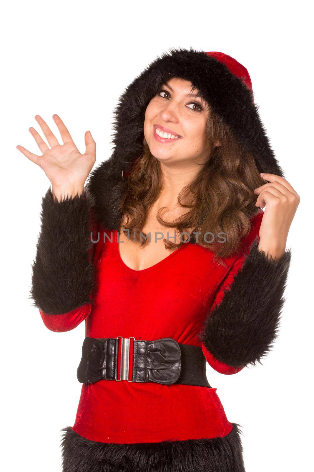 Beautiful young woman dressed with Christmas costume, isolated over white