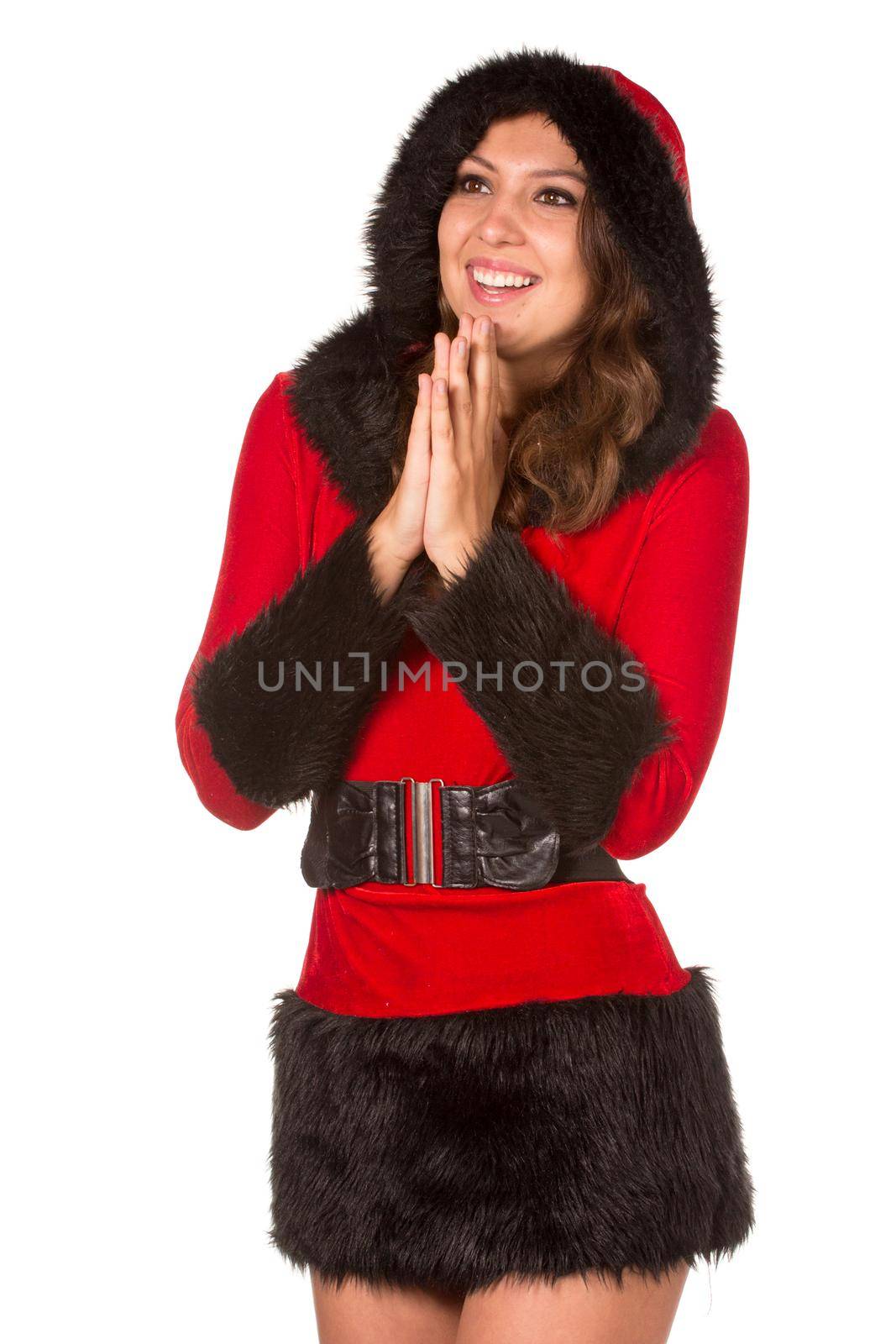 Emotional surprised young woman dressed with Christmas costume, isolated over white