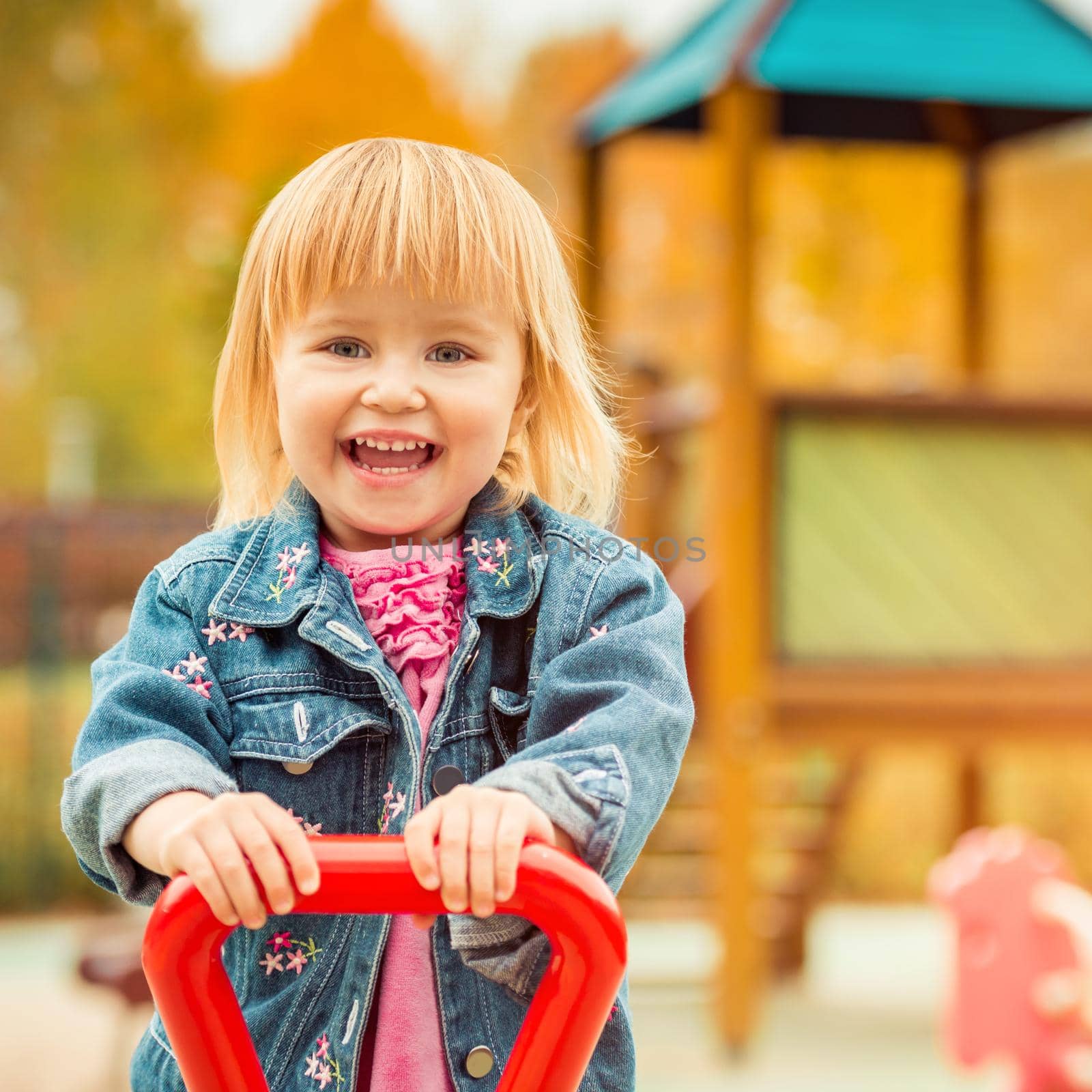 little cute girl playing at the playground in autumn