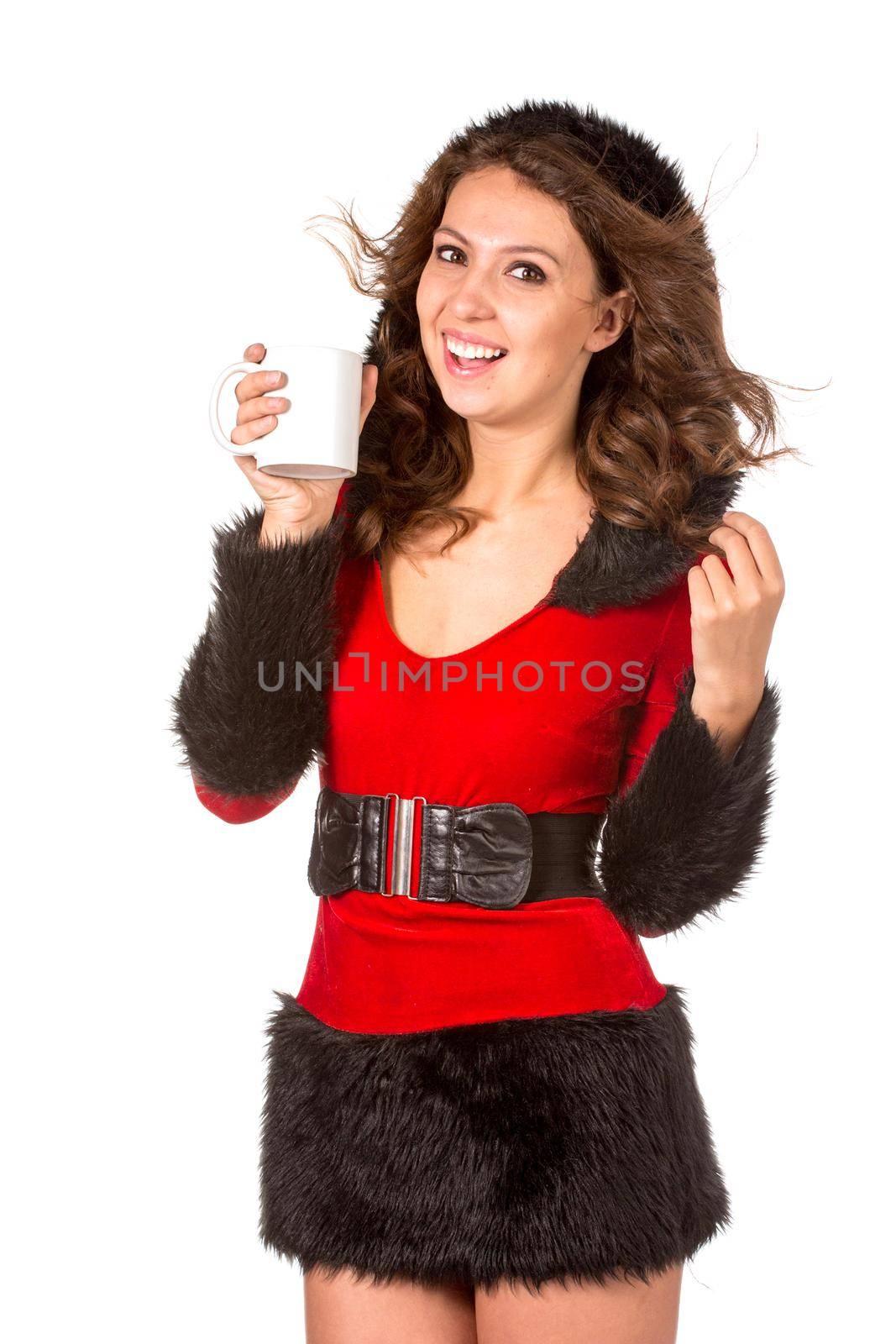 Pretty girl in christmas dress with cup of tea, isolated on white
