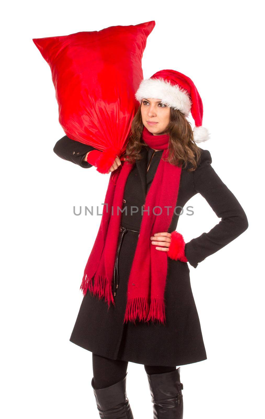 Sexy santa girl with a big bag of gifts on white background by gsdonlin
