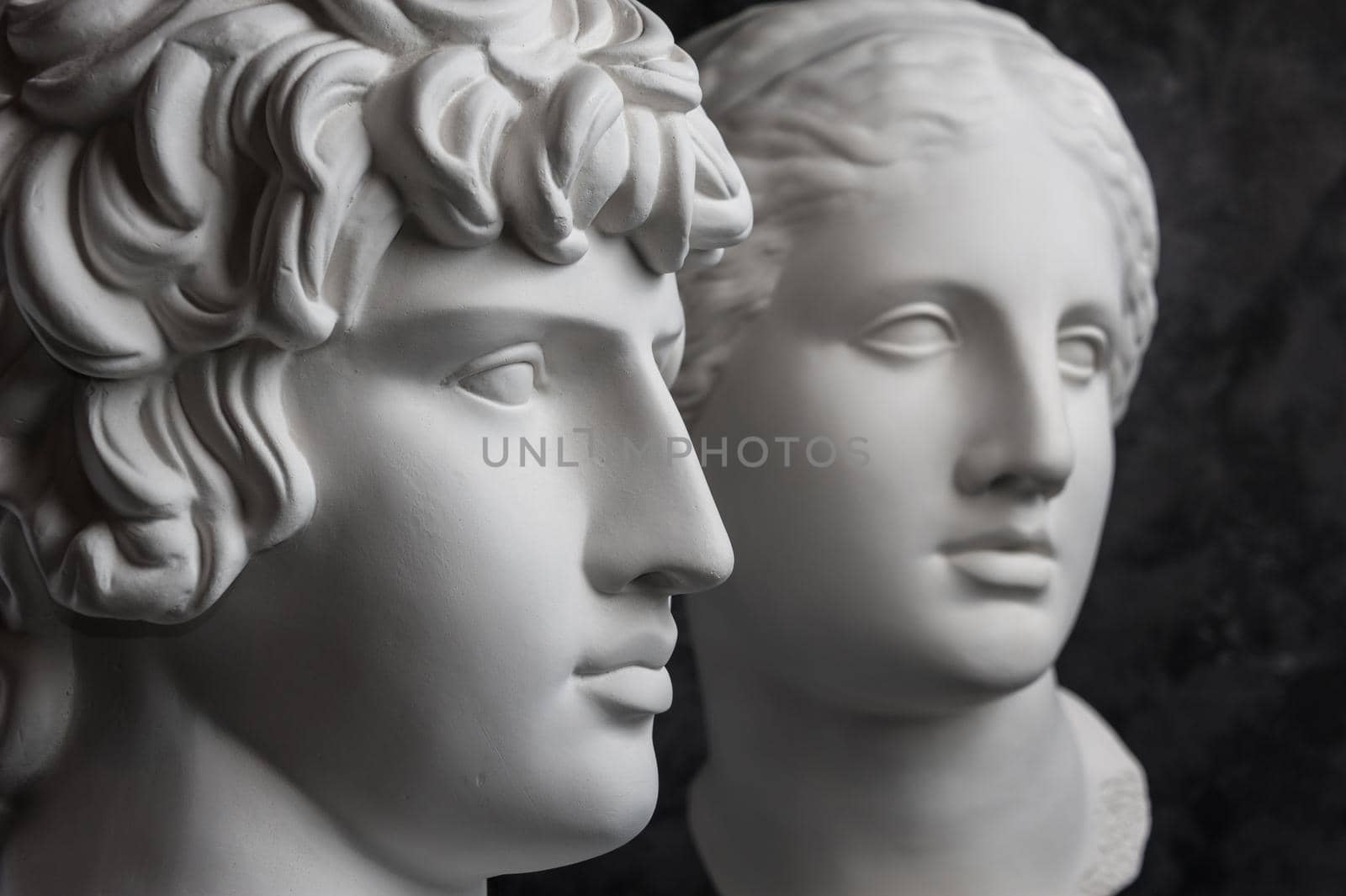 White gypsum copy of ancient statue of Antinous and Venus head for artists on a dark textured background. Plaster sculpture of statue face.