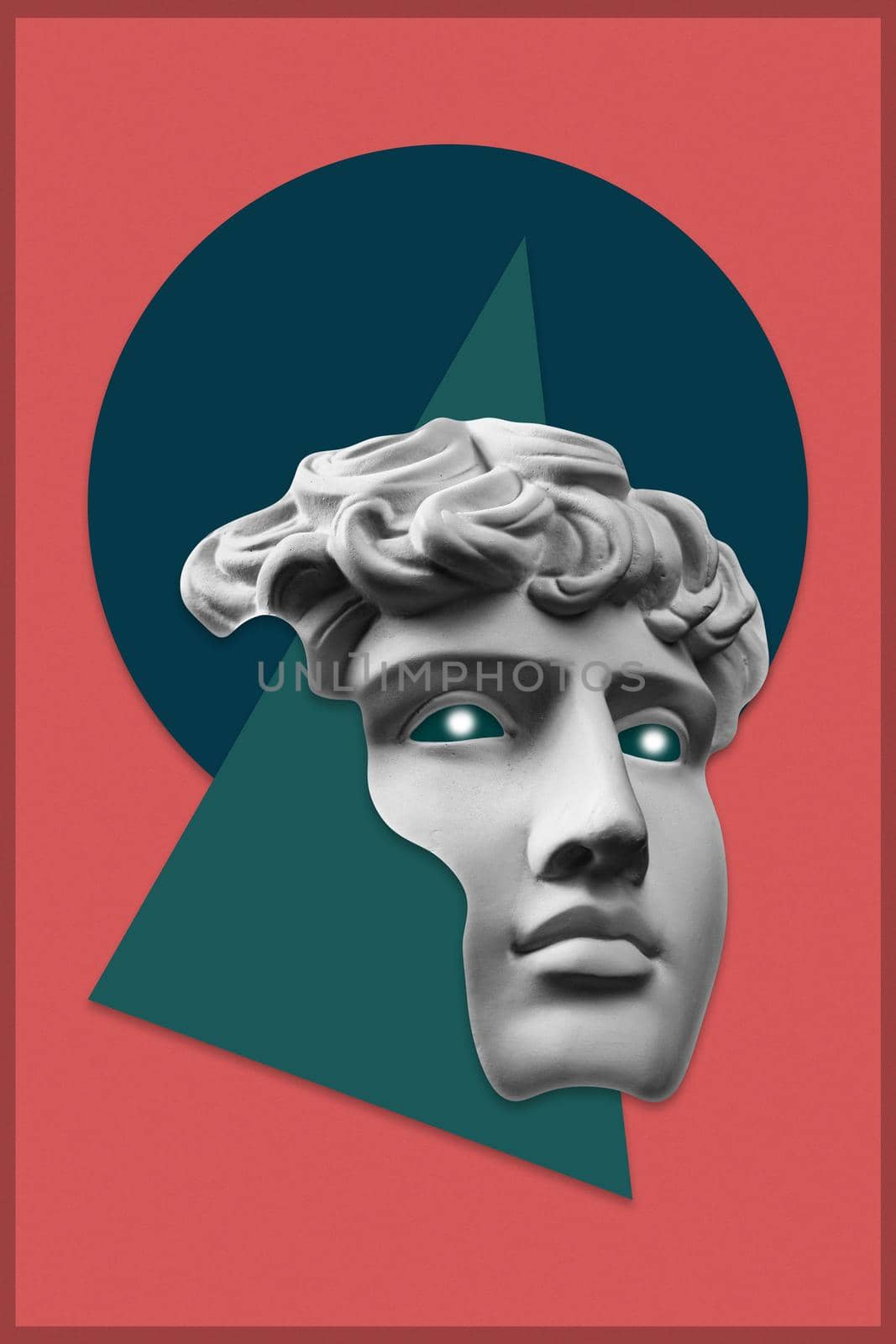 Collage with plaster antique sculpture of human face in a pop art style. Modern creative concept image with ancient statue head. Zine culture. Contemporary art poster. Retro design. Funky minimalism.