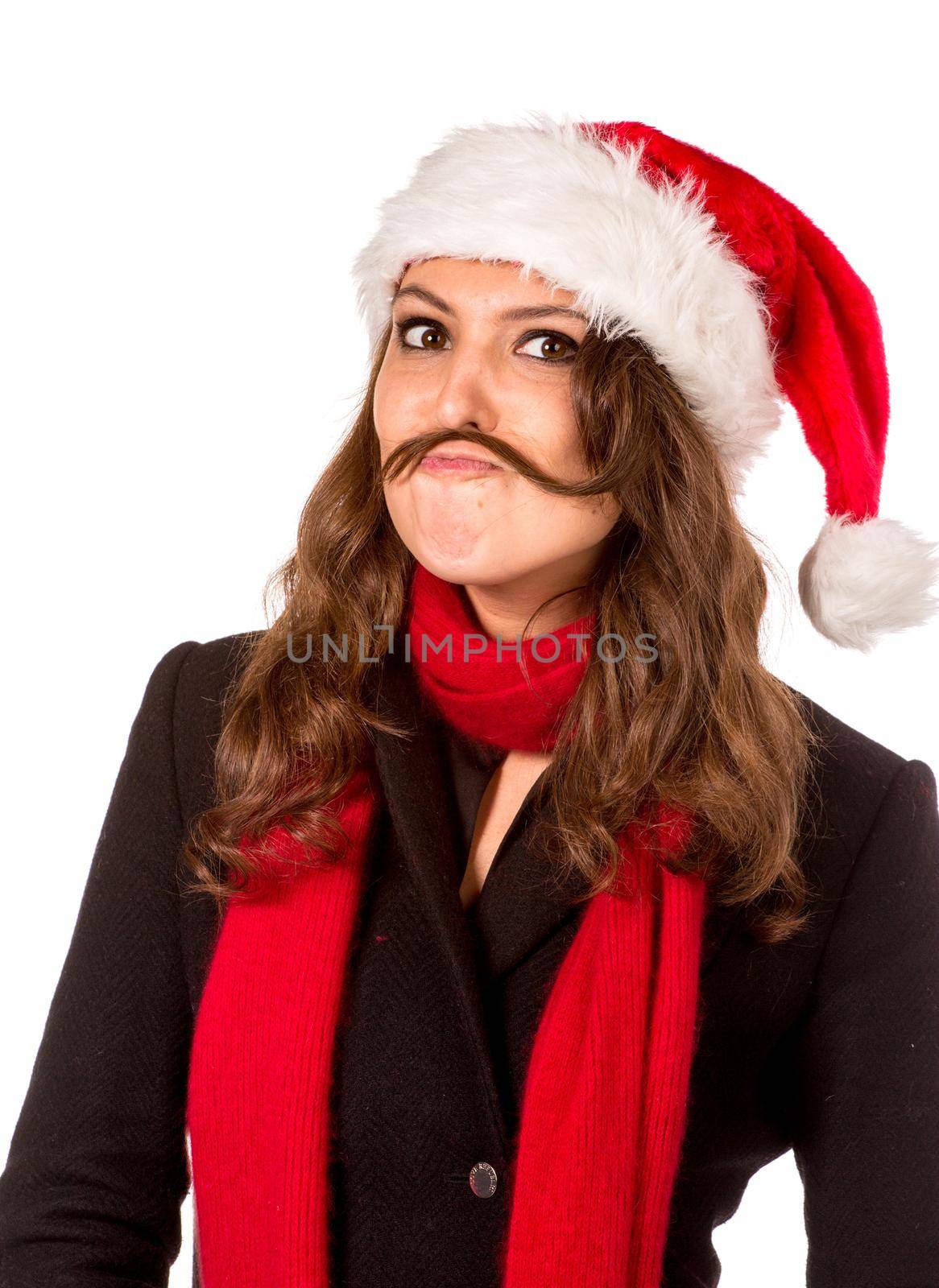 Beautiful woman with hair mustache. Isolated on white