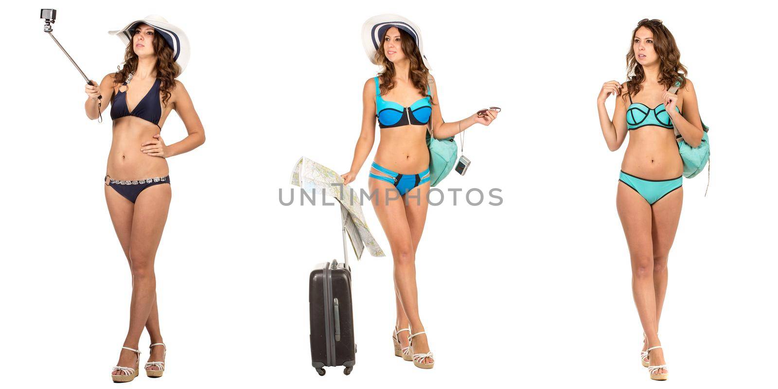 Studio image of charming young woman in a bikini dress with suitcase, hat, backpack, isolated on white.