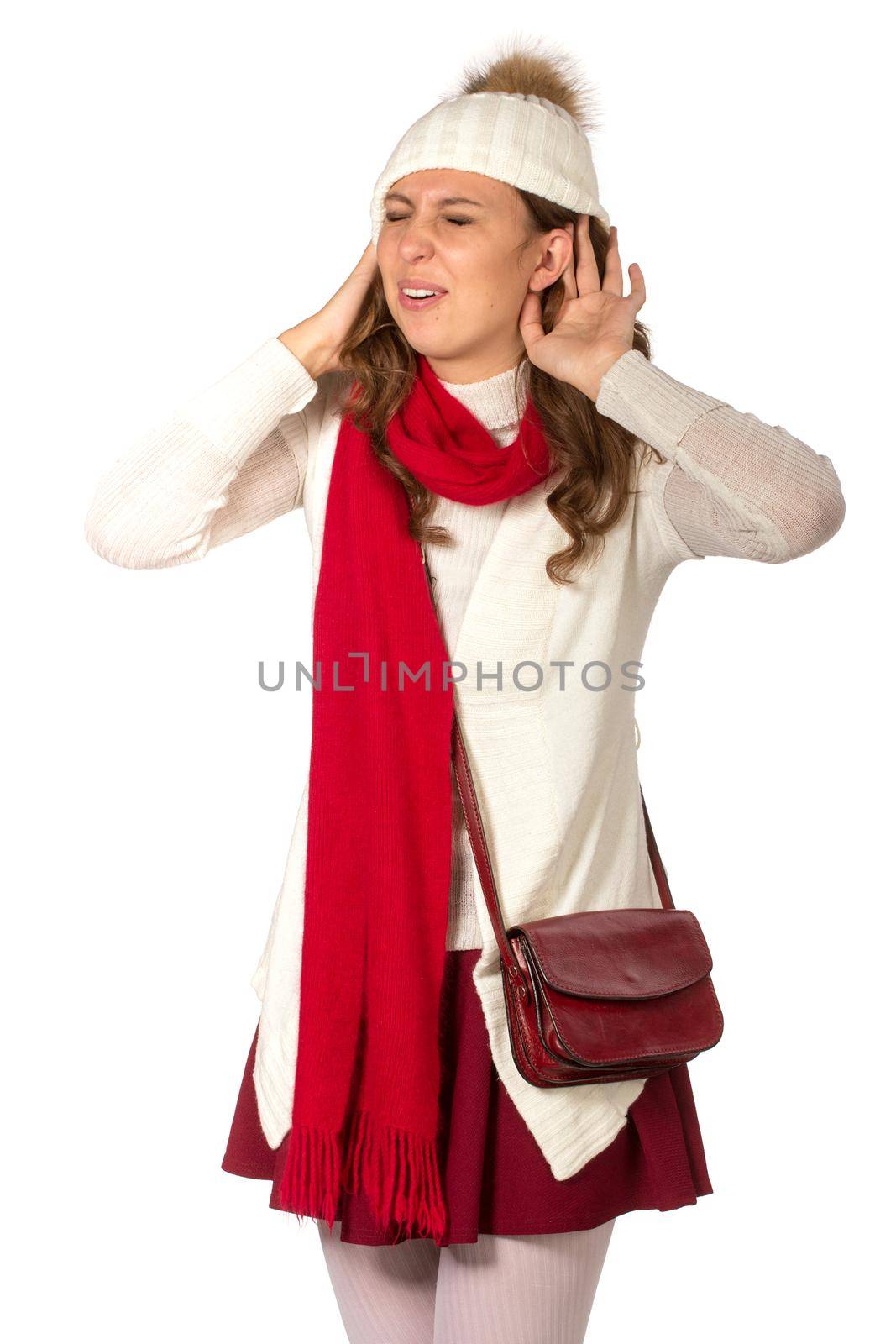 Lovely girl pretend to hear something, isolated on white