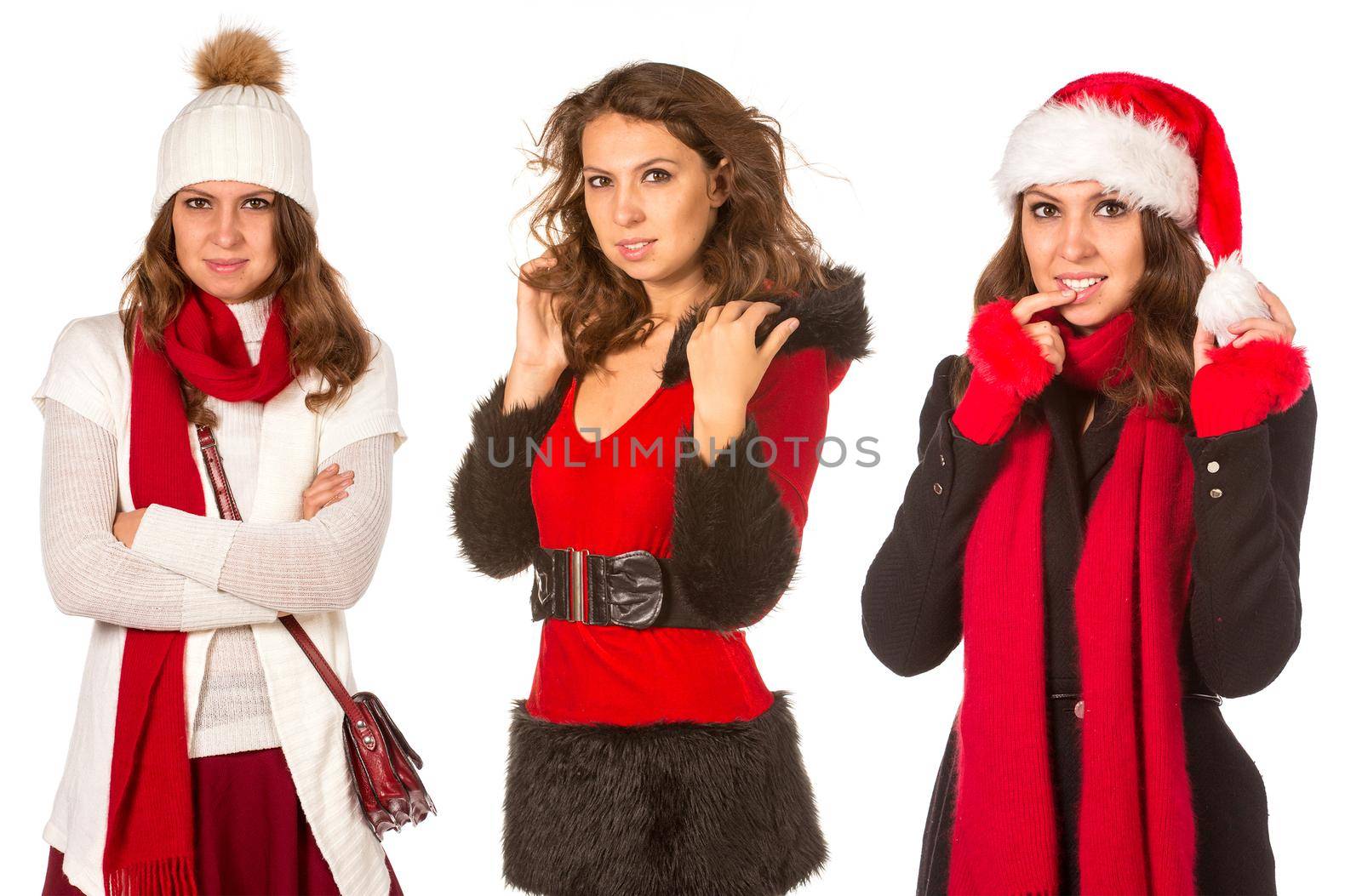 Beautiful young woman dressed with Christmas costume, isolated over white, collage