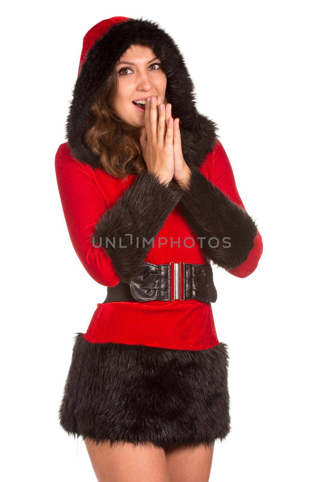 Emotional surprised young woman dressed with Christmas costume, isolated over white