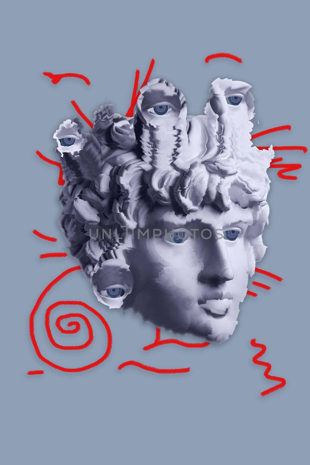 Collage with sculpture of human face in a pop art style. Modern creative concept image with ancient statue head. Zine culture. Contemporary art poster. Funky punk minimalism. Retro surreal design. by bashta