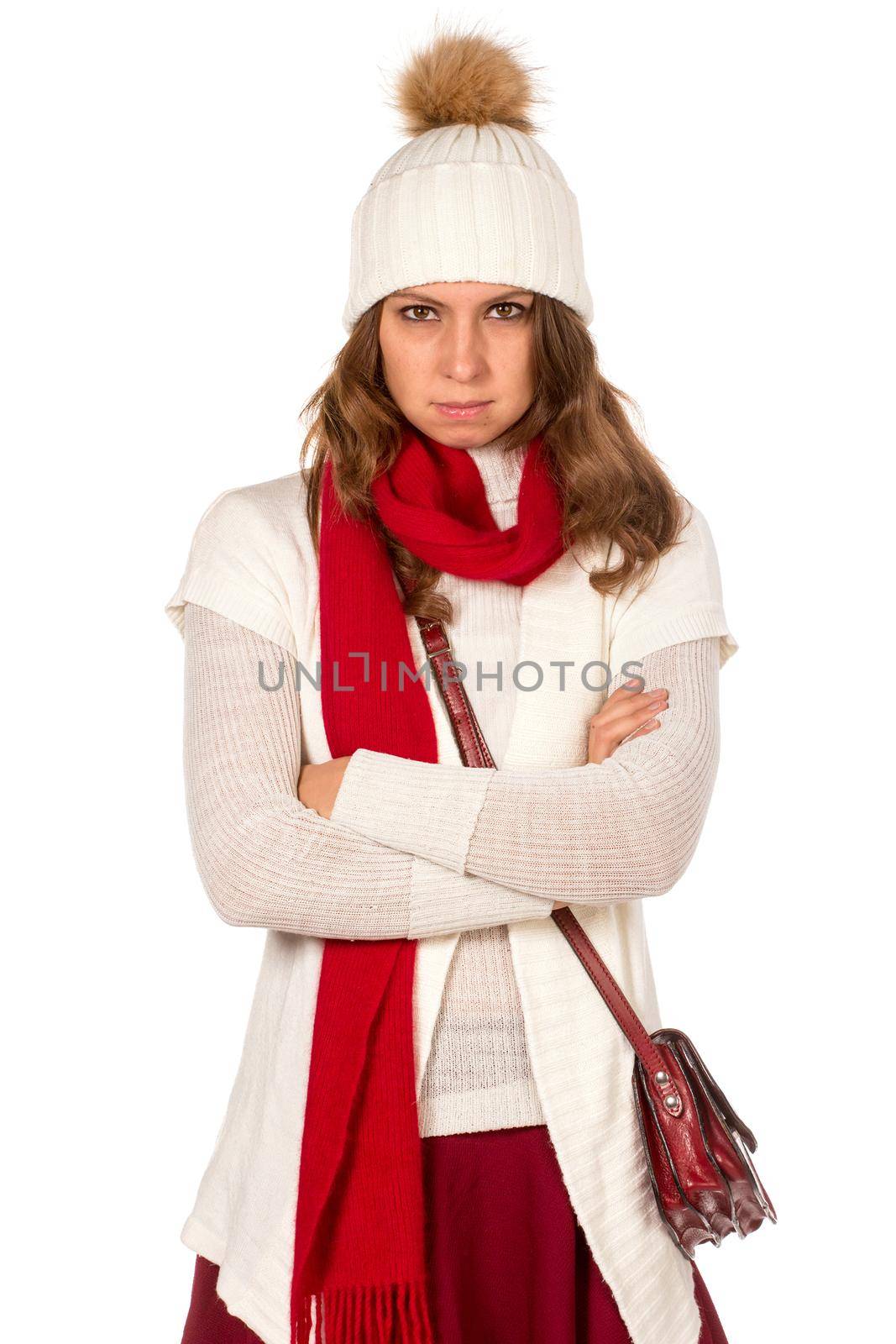 Winter Portrait of beautiful sad Woman, isolated on white