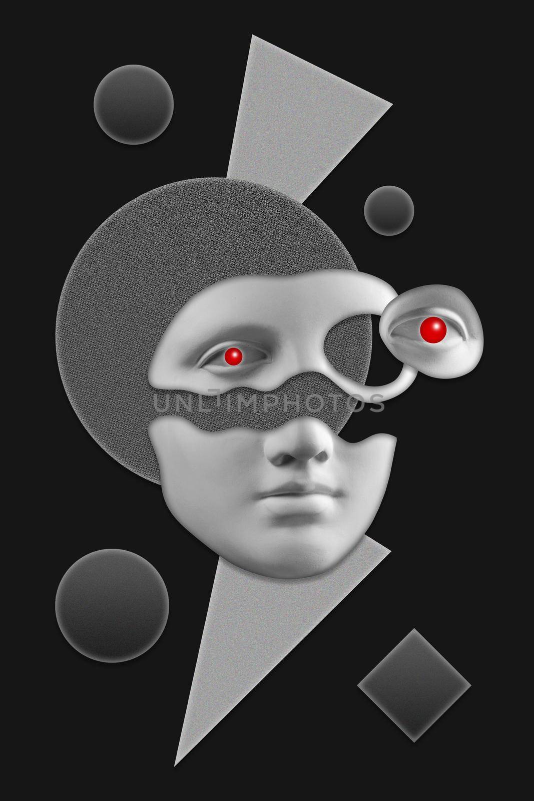 Antique sculpture of woman face surreal collage in pop art style. Modern image with cut details of statue head. Red eyes. Dark concept. Zine culture. Contemporary art poster. Funky retro minimalism. by bashta