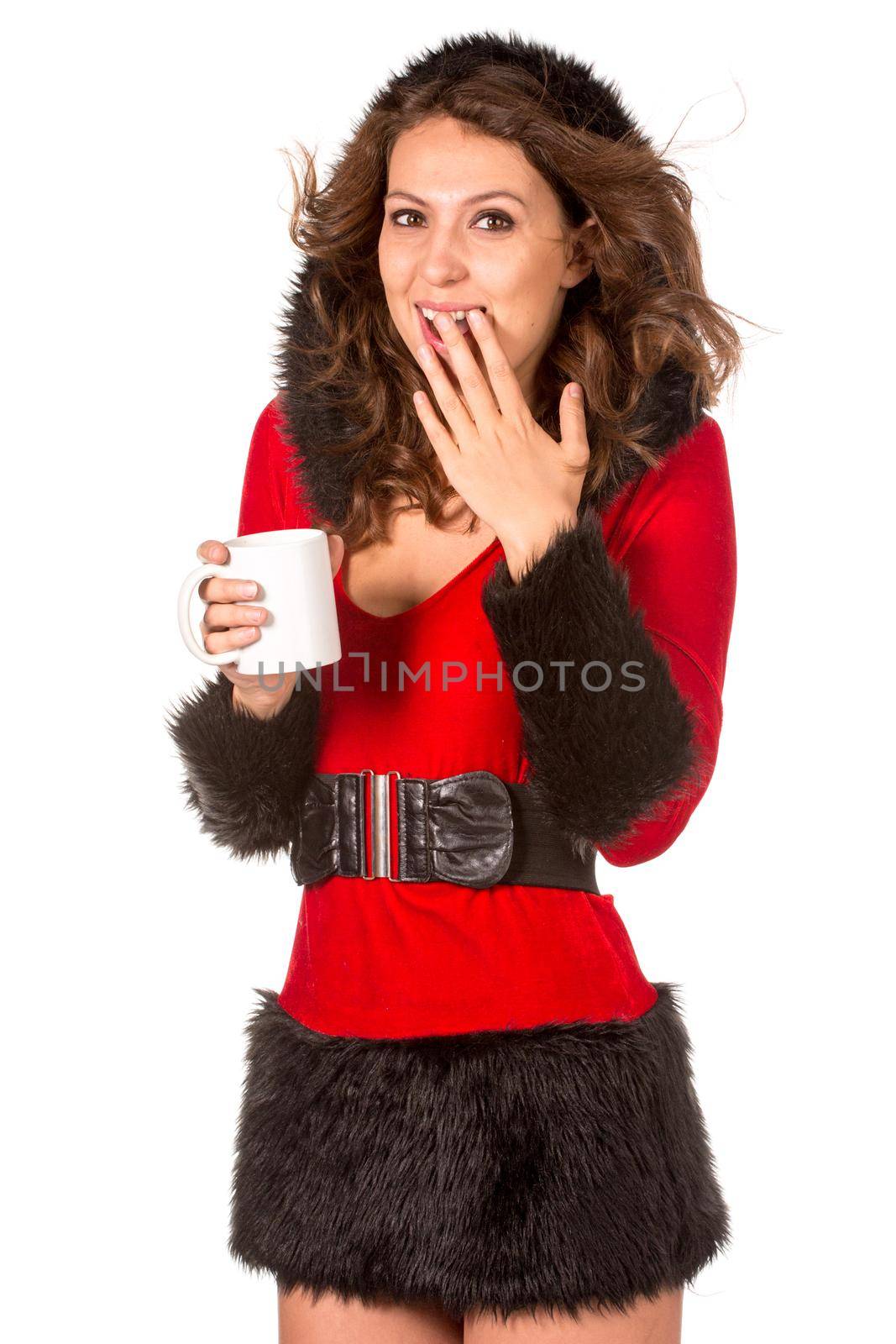Pretty girl in christmas dress with cup of tea, isolated on white