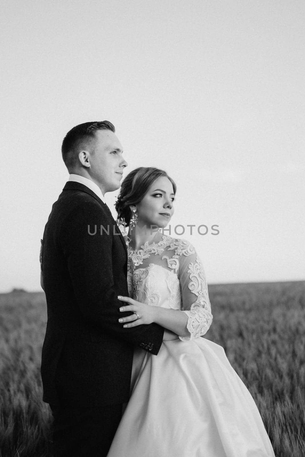 the groom and the bride walk along the wheat green field on a bright day