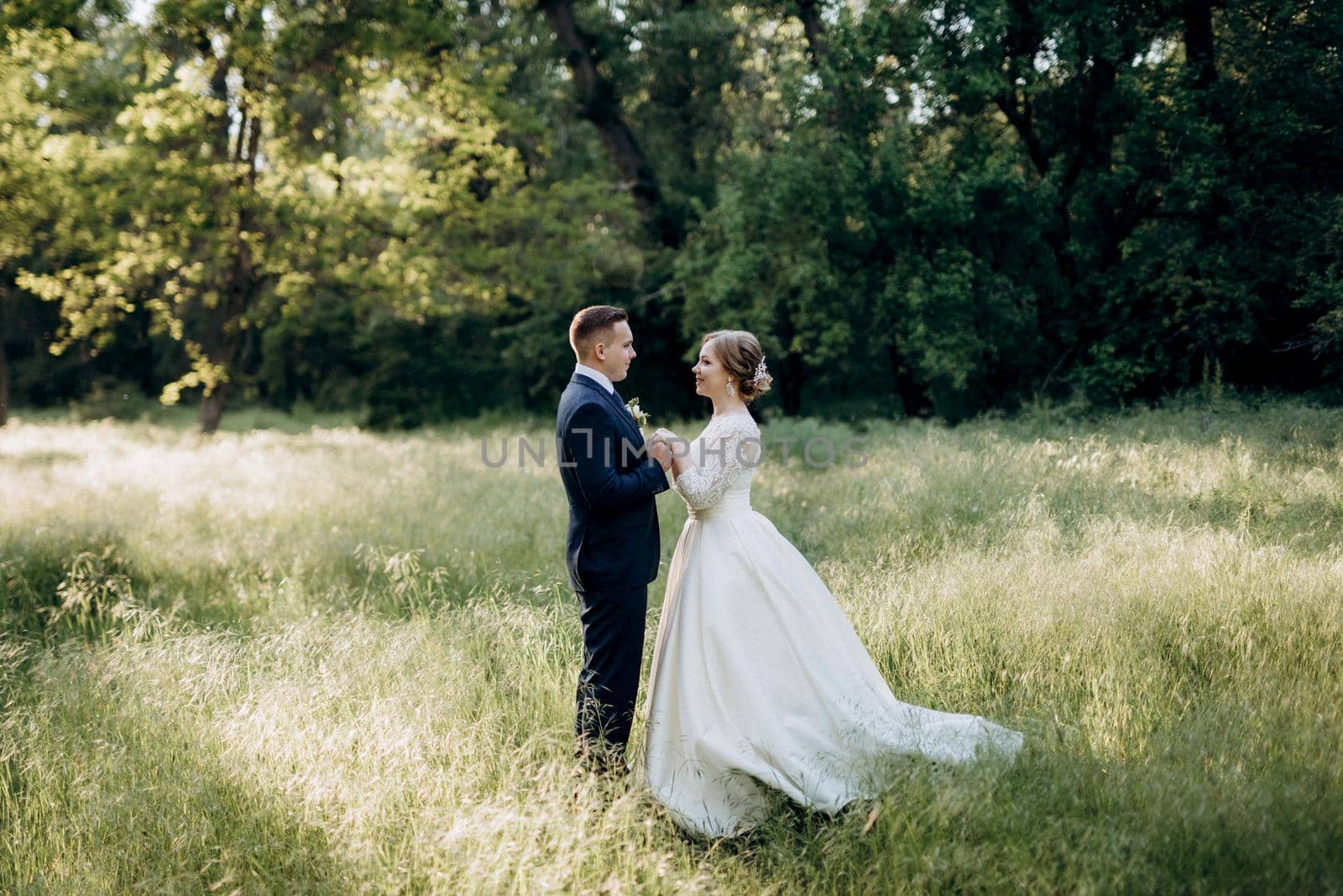 the groom and the bride are walking in the forest near a narrow river on a bright day