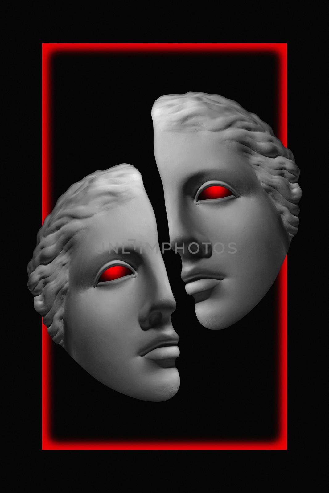 Antique sculpture of human face surreal collage in pop art style. Modern image with cut details of statue head. Red eyes. Dark concept.Contemporary art poster. Funky retro minimalism. Zine culture.