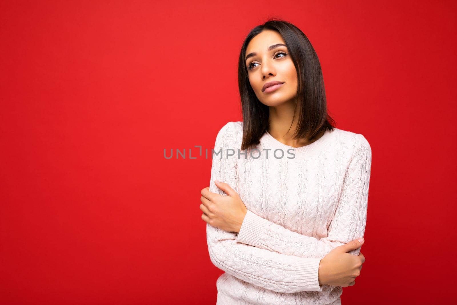 Photo of nice attractive lovely cute winsome sad upset sorrowful brown-haired woman wearing casual outfit isolated on colorful background with empty space.