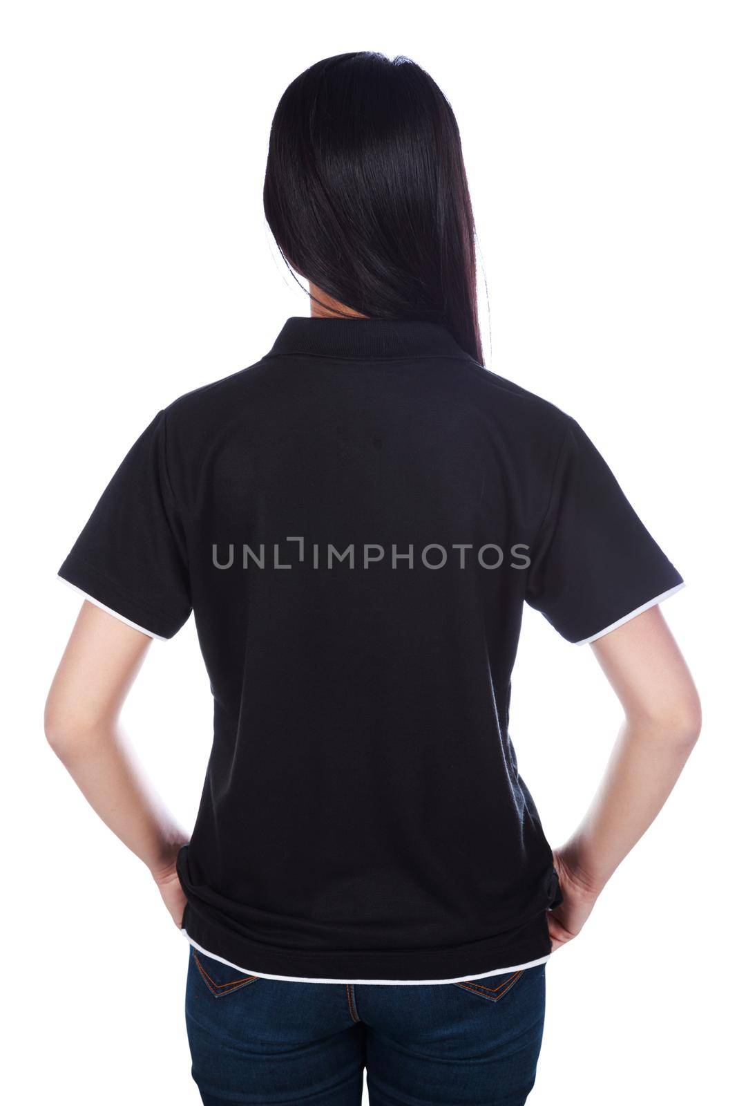 woman in black polo shirt isolated on a white background (rear view)