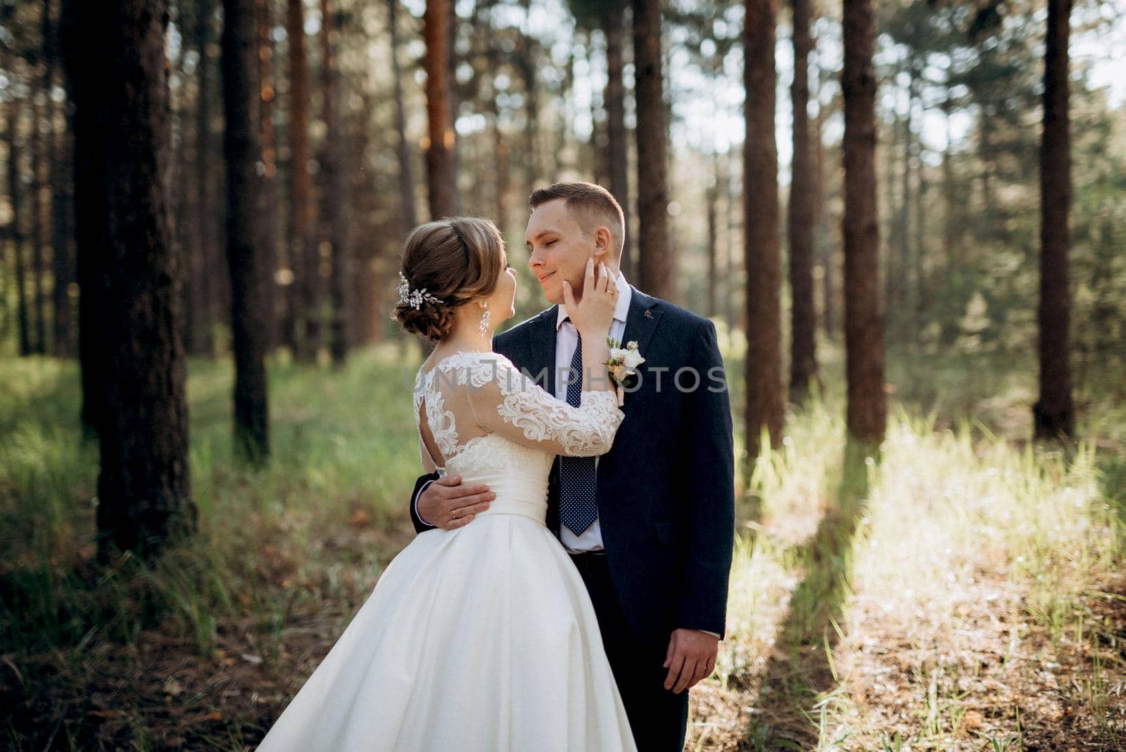 the bride and groom are walking in a pine forest on a bright day