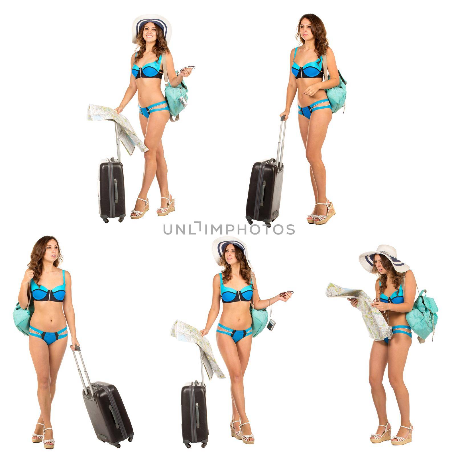 Set of Studio image of charming young woman in a bikini dress with suitcase, hat, backpack, isolated on white.