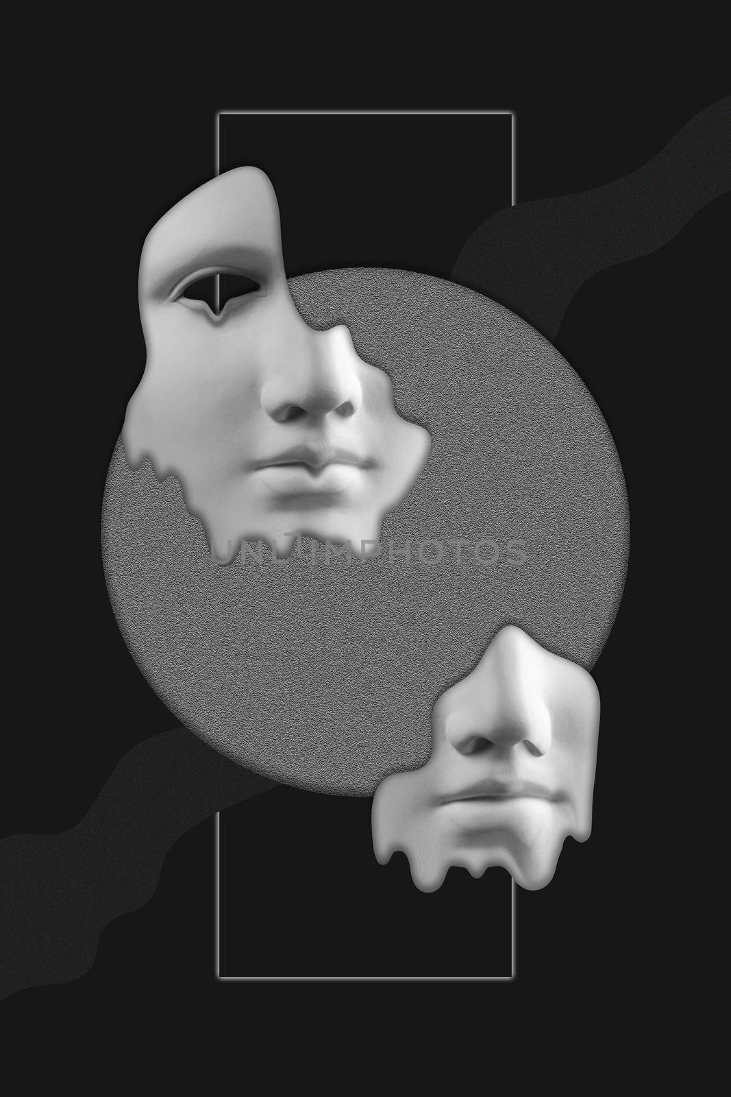 Antique sculpture of woman face surreal collage in pop art style. Modern image with cut details of statue head on a black. Dark concept. Zine culture. Contemporary art poster. Funky retro minimalism.