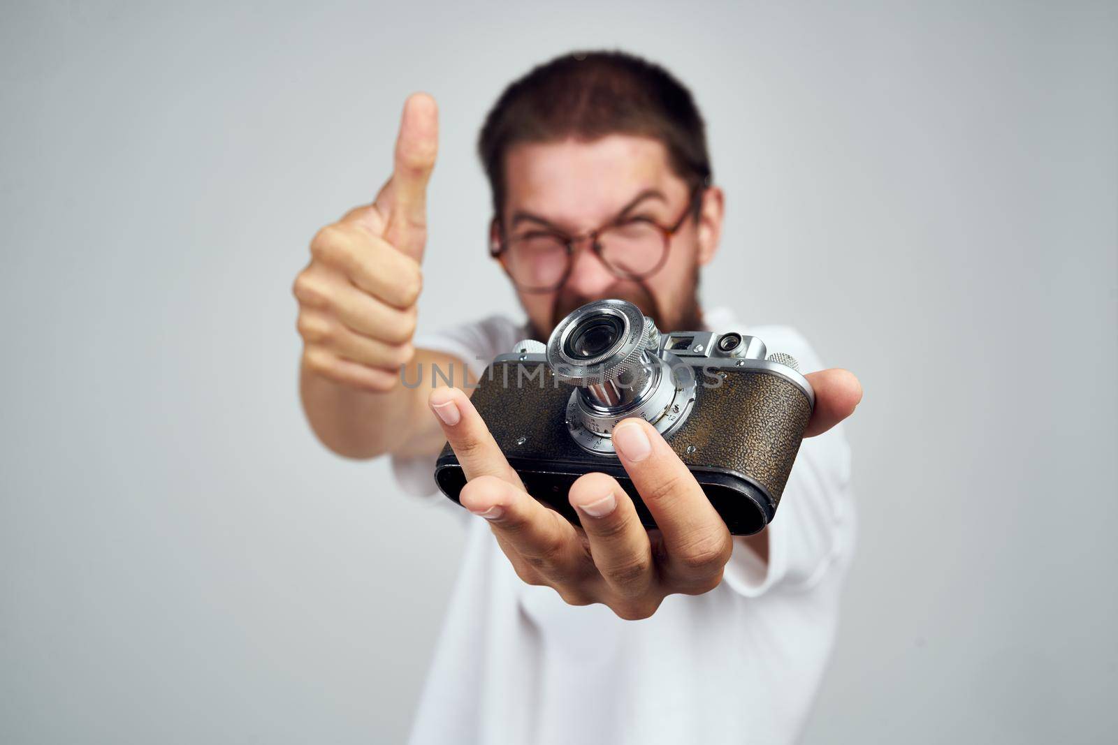 man in shirt photographer Professional with a camera hobby. High quality photo