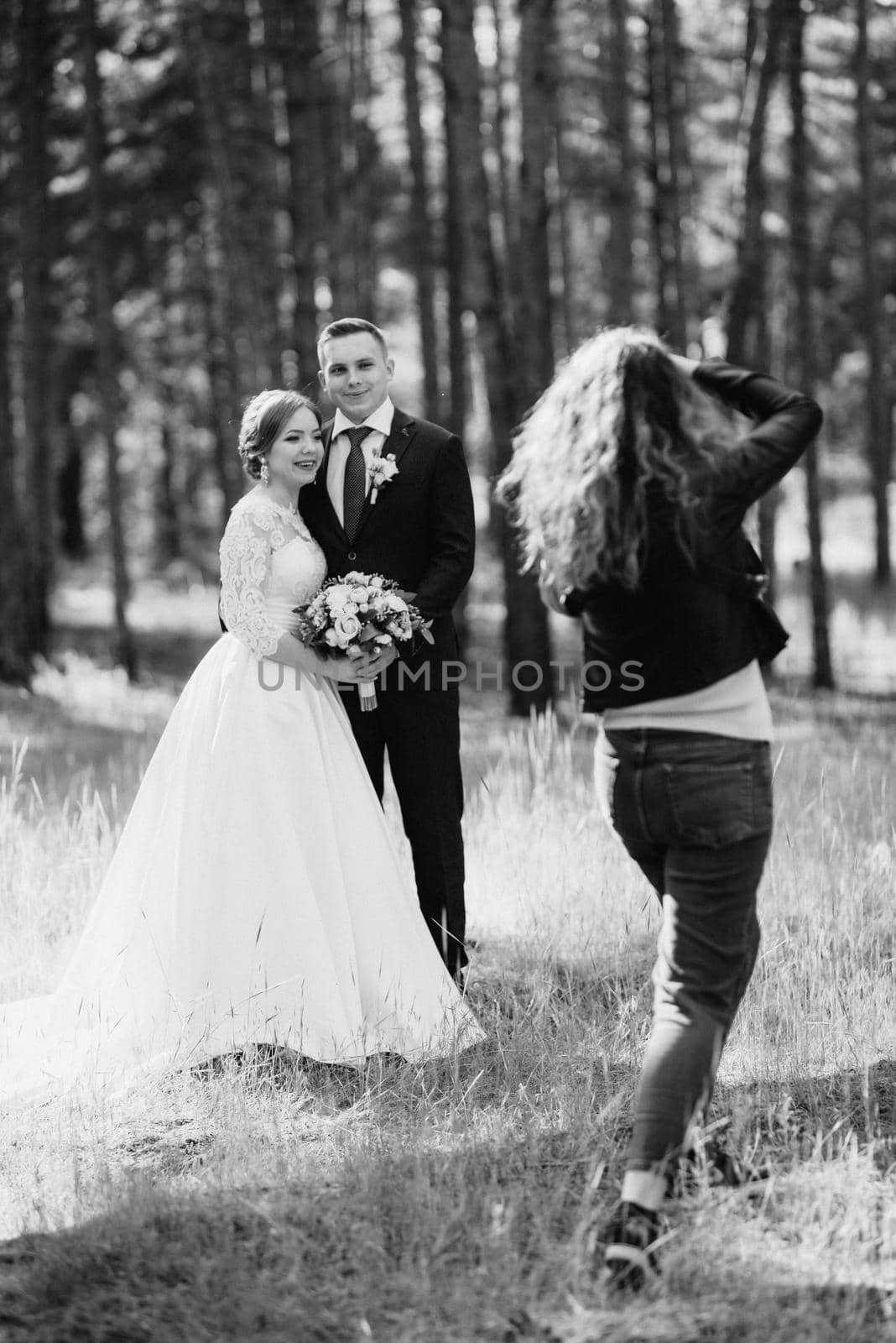 the bride and groom are walking in a pine forest on a bright day