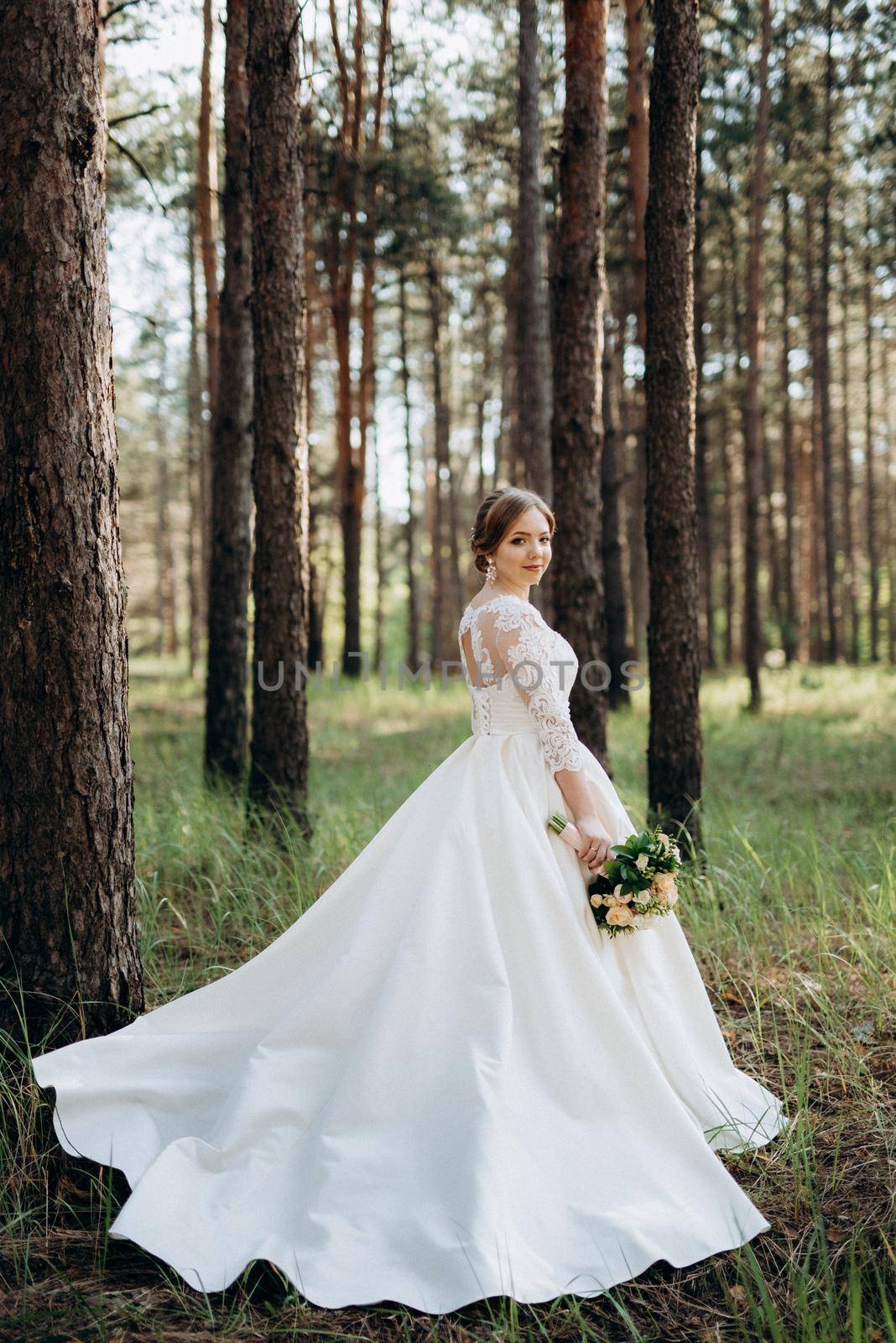 the bride walking in a pine forest on a bright day