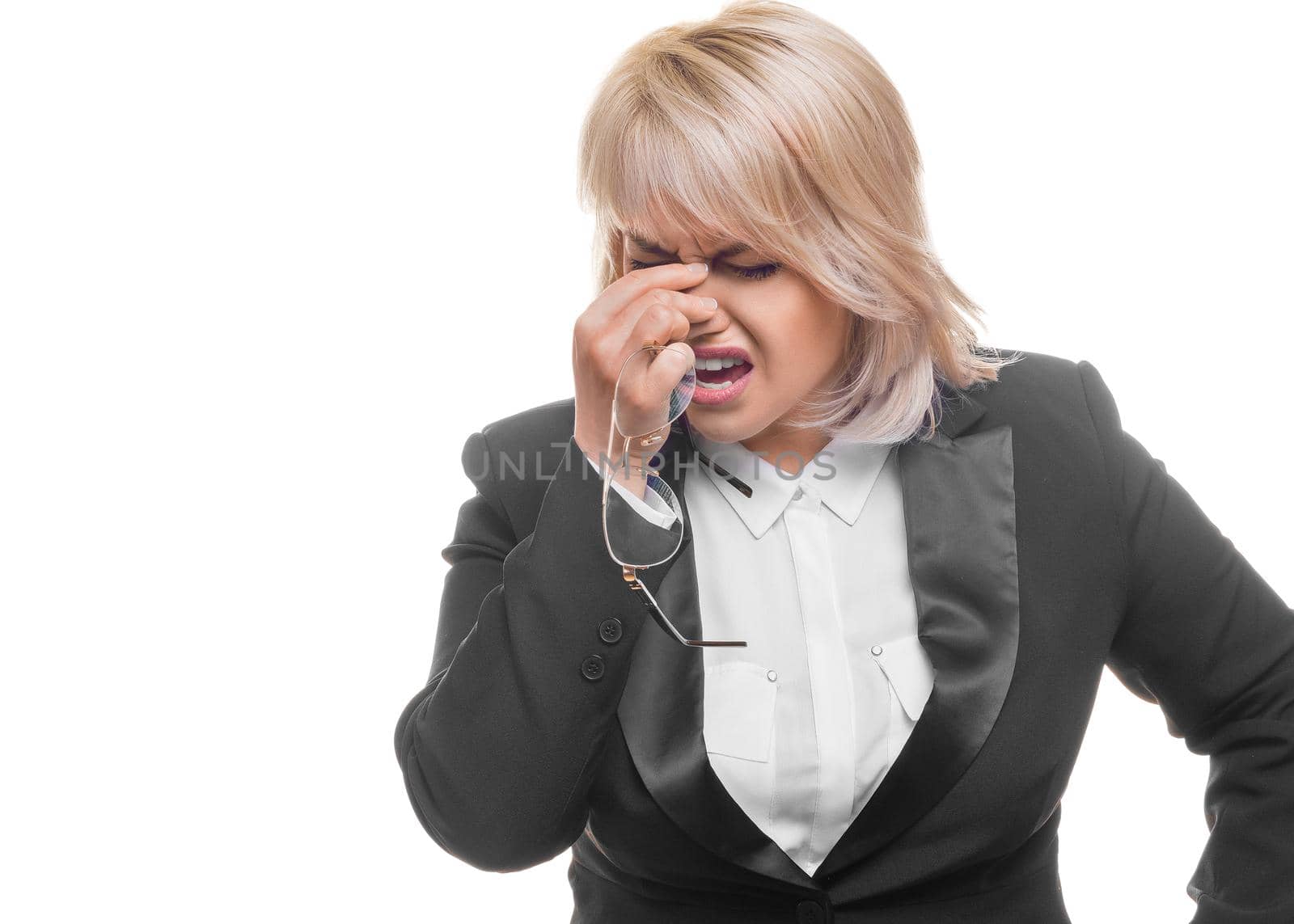 Woman having headache. Isolated on white background. Businesswoman standing with pain isolated on studio background. Female half-length portrait. Human emotions, facial expression concept.