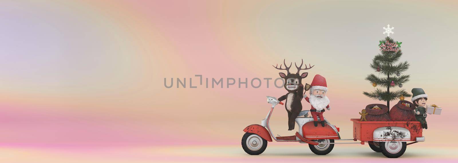 3d illustration. Christmas Sale Promotion Template . Concept shopping online Santa Claus and deer a vintage scooter . COPY SPACE for logo and text by Hepjam