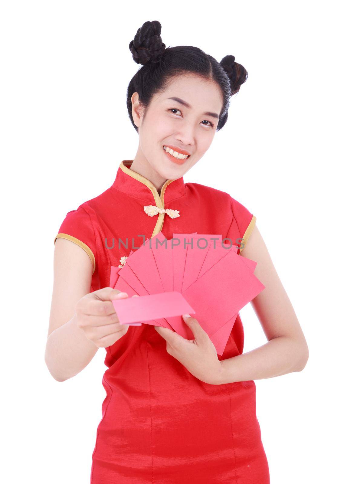 woman wearing cheongsam or qipao giving red envelopes in concept of happy chinese new year isolated on white background by geargodz