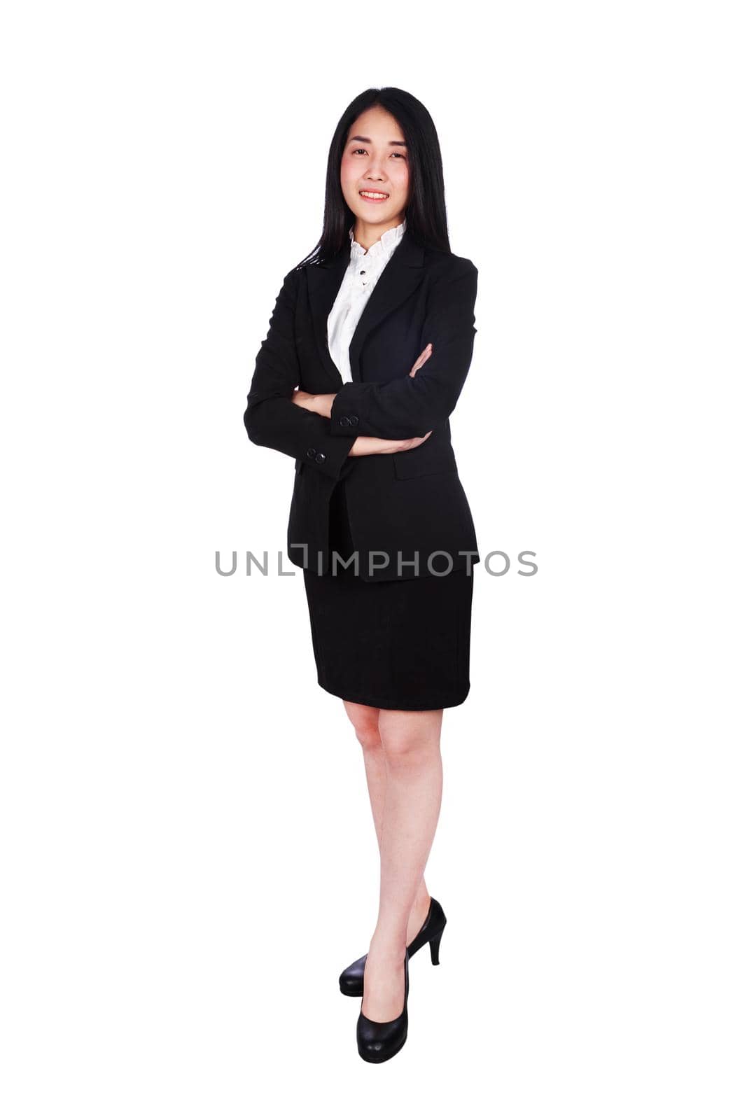 Young business woman with arms crossed isolated on white background