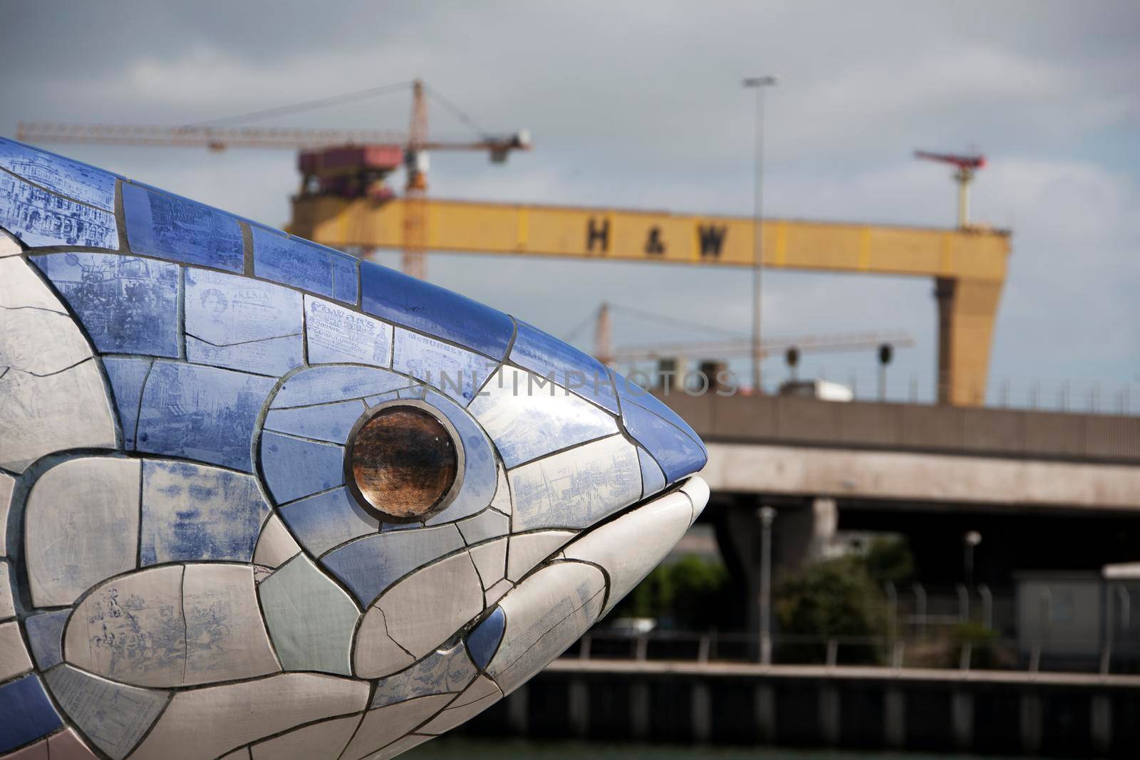The Salmon of Knowledge Big Fish Donegall Quay in Belfast with Harland Wolff crane in the background