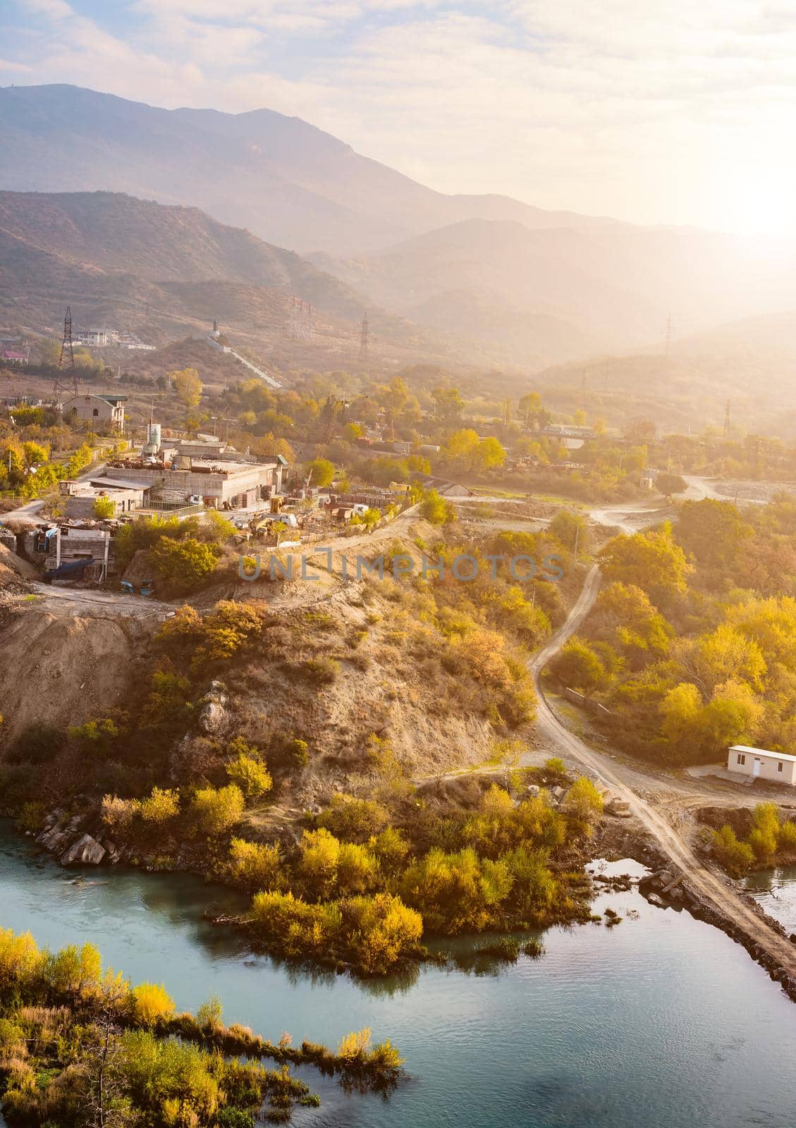 view on mountains, river nearby, aerial shot by GekaSkr