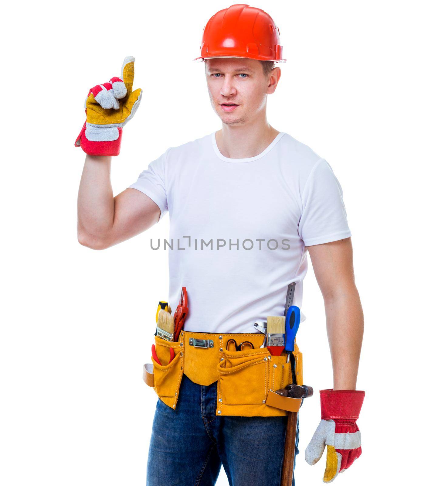 handsome worker man in a helmet isolated