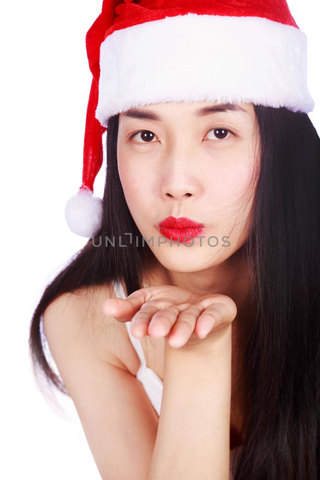happy woman in Santa Claus clothes isolated on white background by geargodz