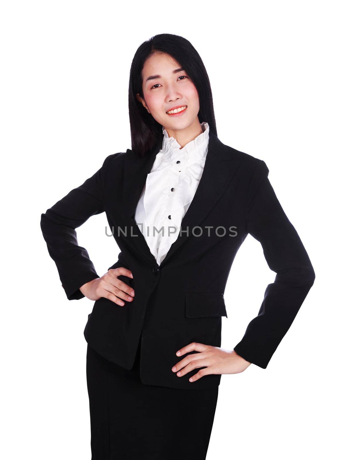 business woman is smile and arms akimbo isolated on white background by geargodz