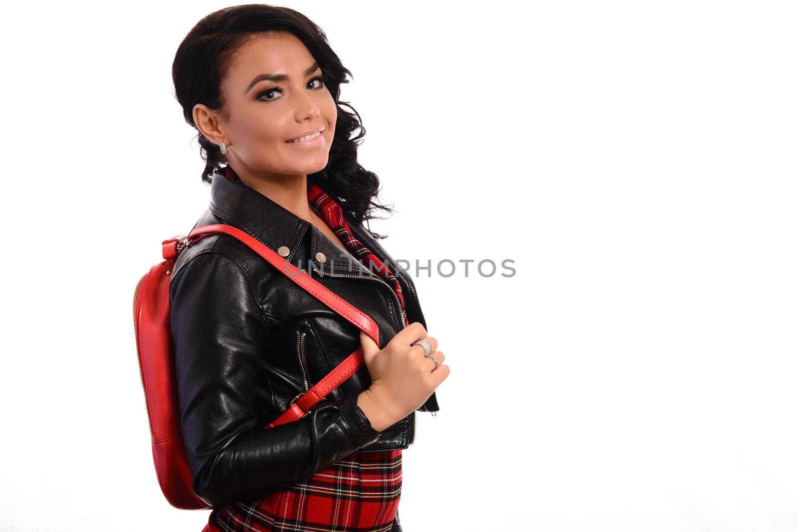 Elegant glamor lady with red bag isolate on white