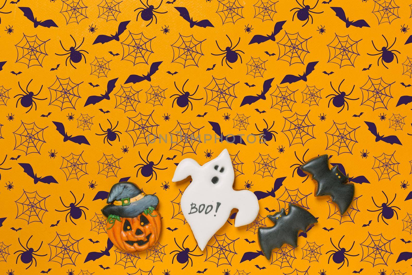 Halloween concept with gingerbread cookies for background, copy space