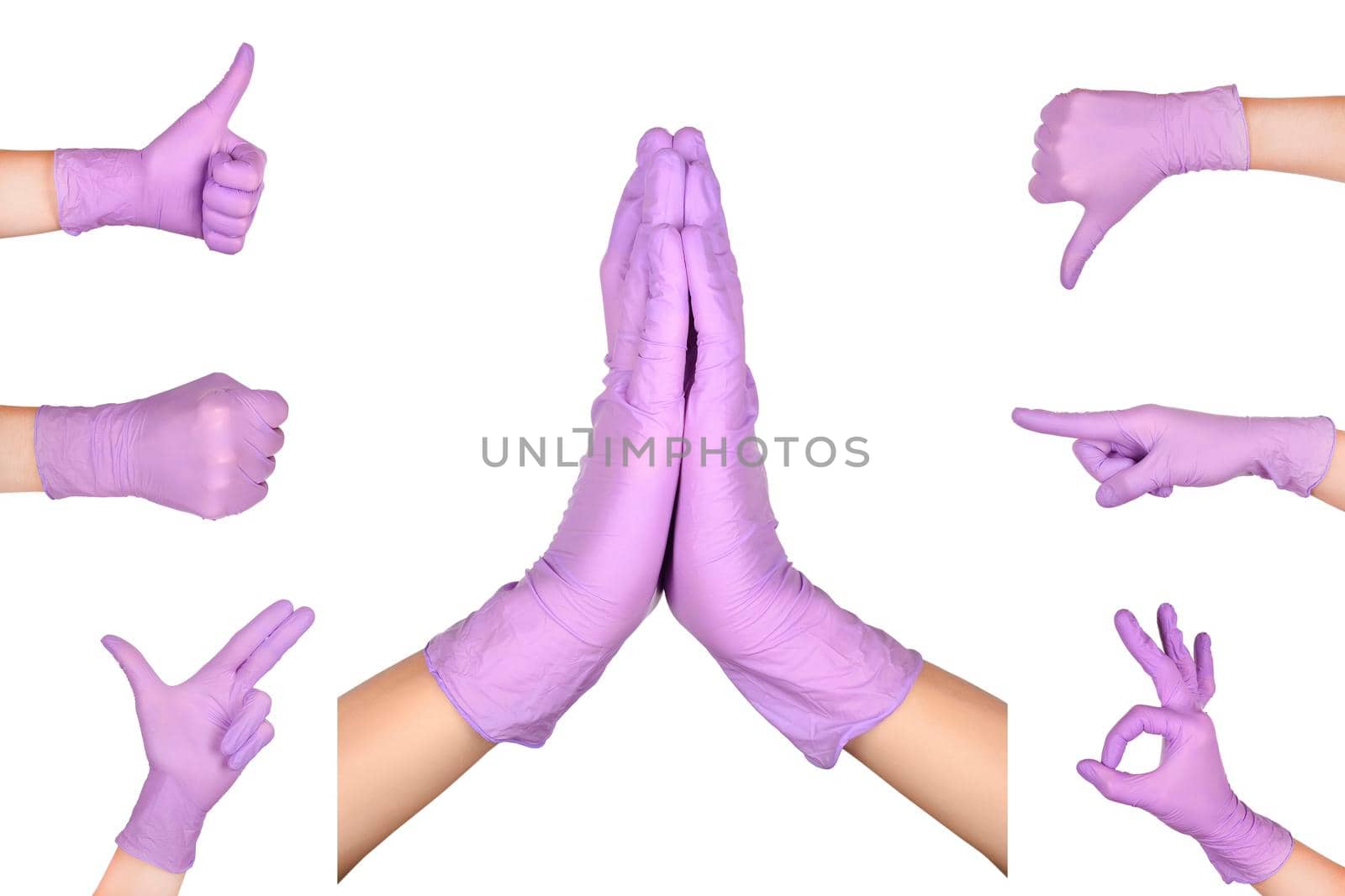 Set of Hand gestures in lilac disposable latex surgical gloves isolated on white background. Hand sign set.