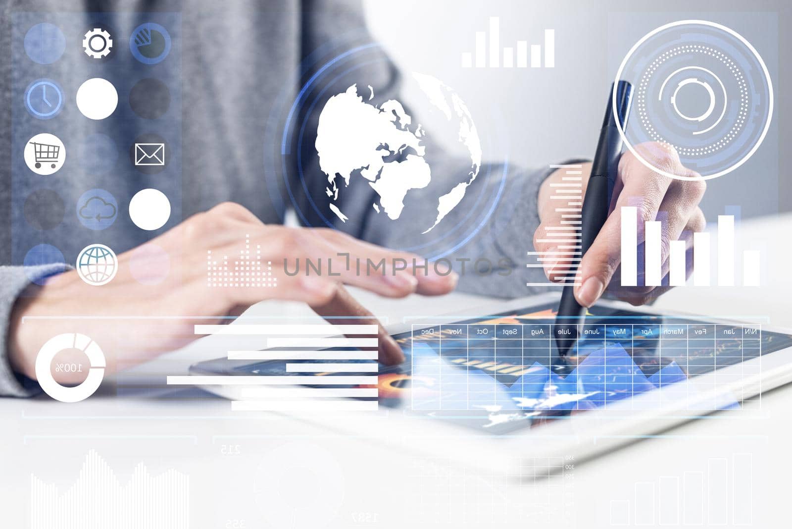 Businessman analyzing financial data. Virtual 3d interface above tablet computer screen. Interactive financial diagrams and digital data visualization. Modern smart technology in business process