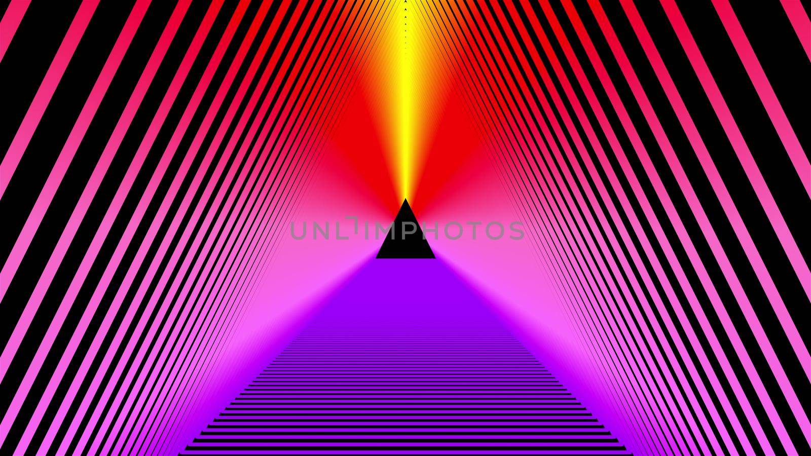 Glowing lines with 3d render of futuristic linear design. Corridor is portal permeated with energy for transition between worlds. Synthwave 80s style digital party.