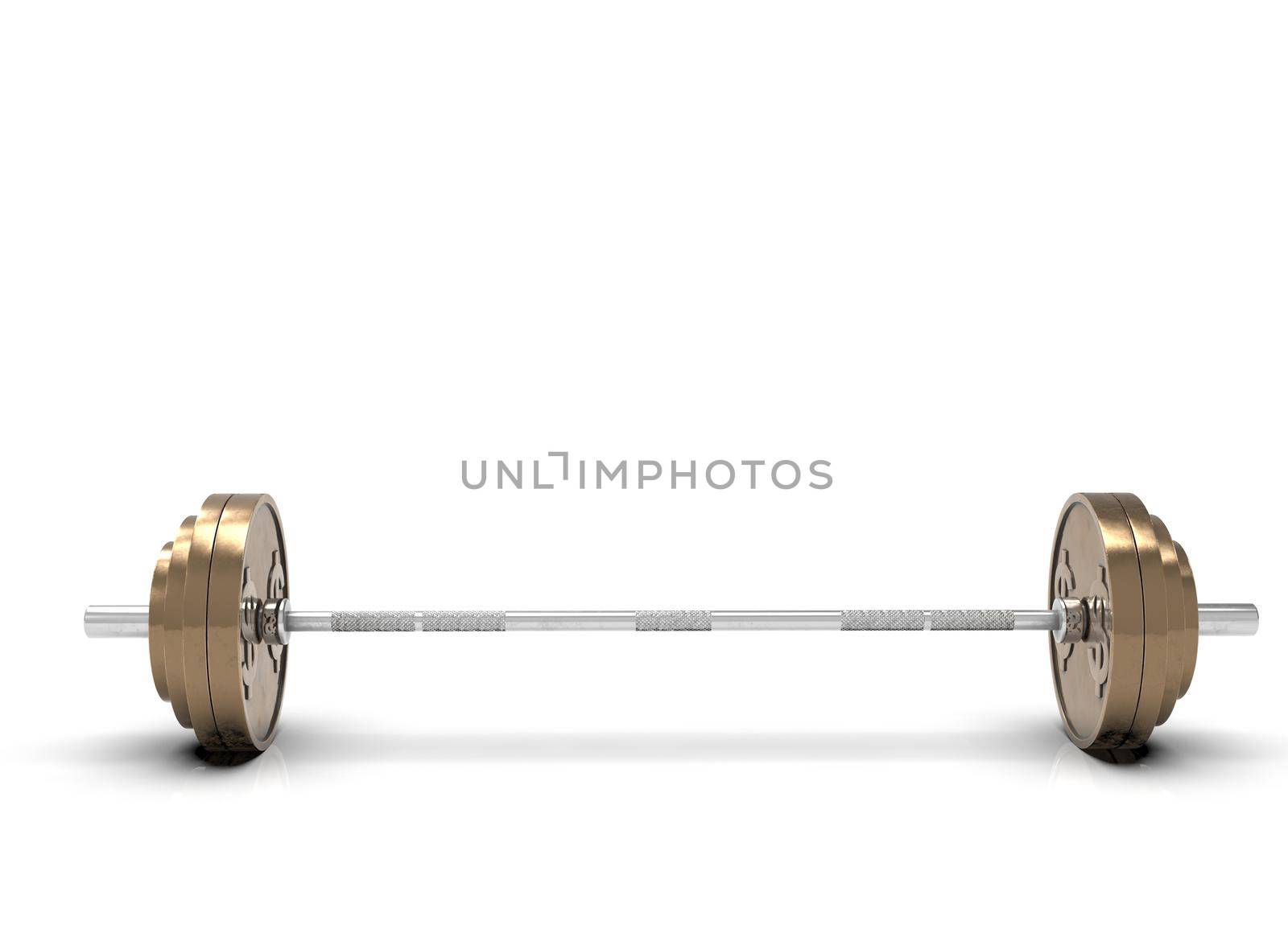Bronze barbell made of a dollar coin on a white background 3d-rendering.