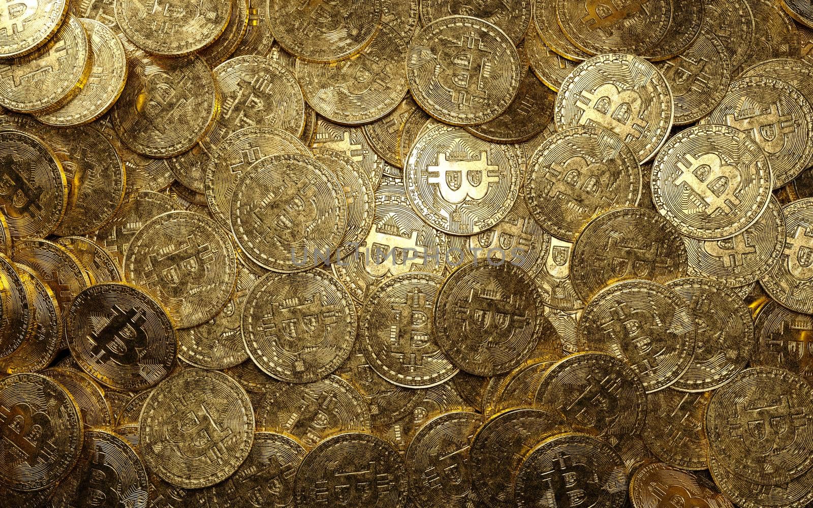 Bitcoins background. Old worn coins 3D rendering illustration