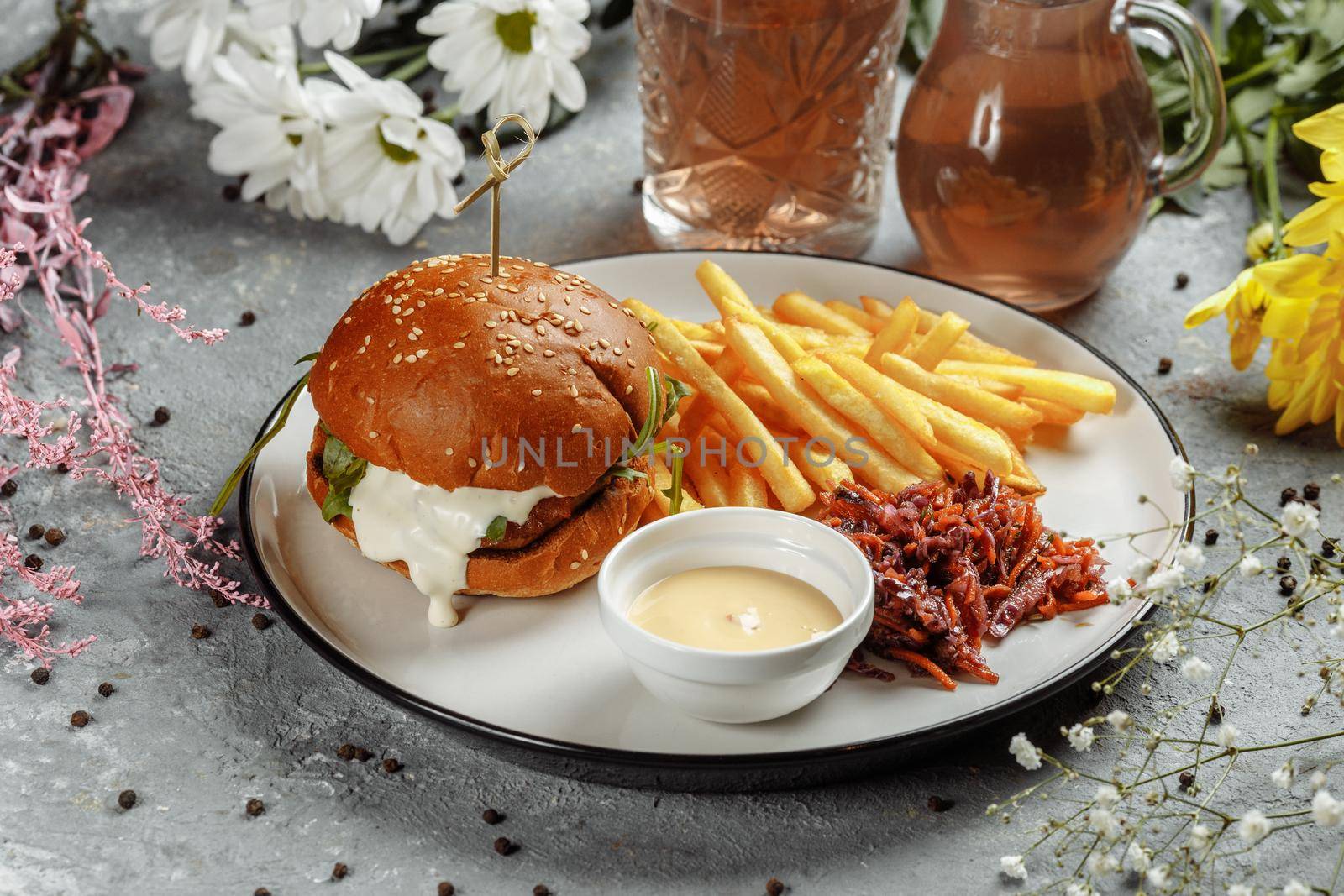 burger with fries and sauce on a white plate by UcheaD